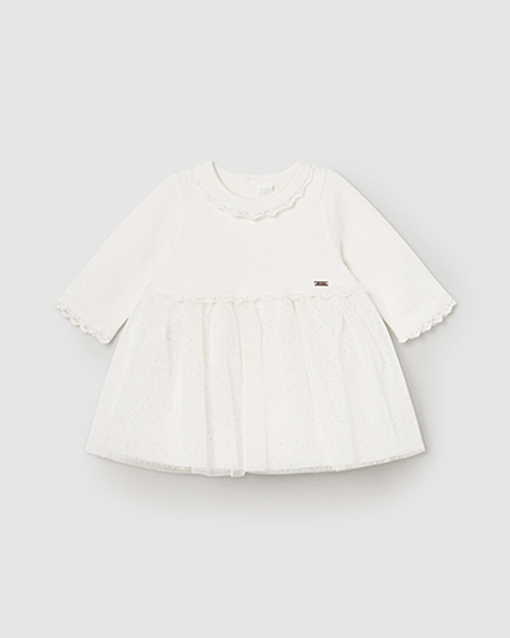 Abito bianco fit and flare a maniche lunghe in misto viscosa con tulle