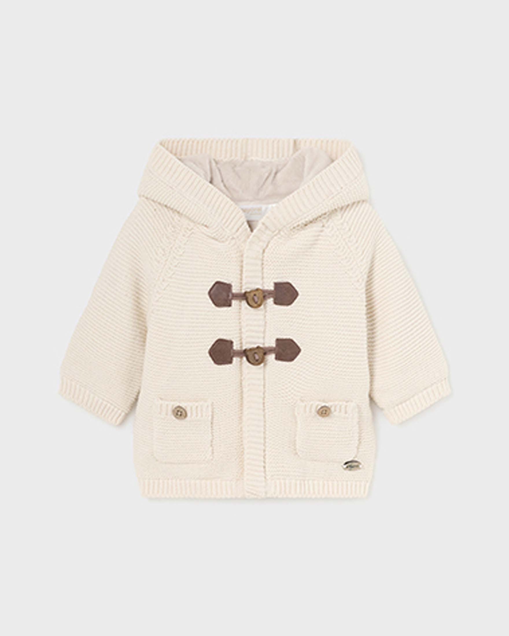 Giacca panna in cotone tricot con cappuccio ed alamari