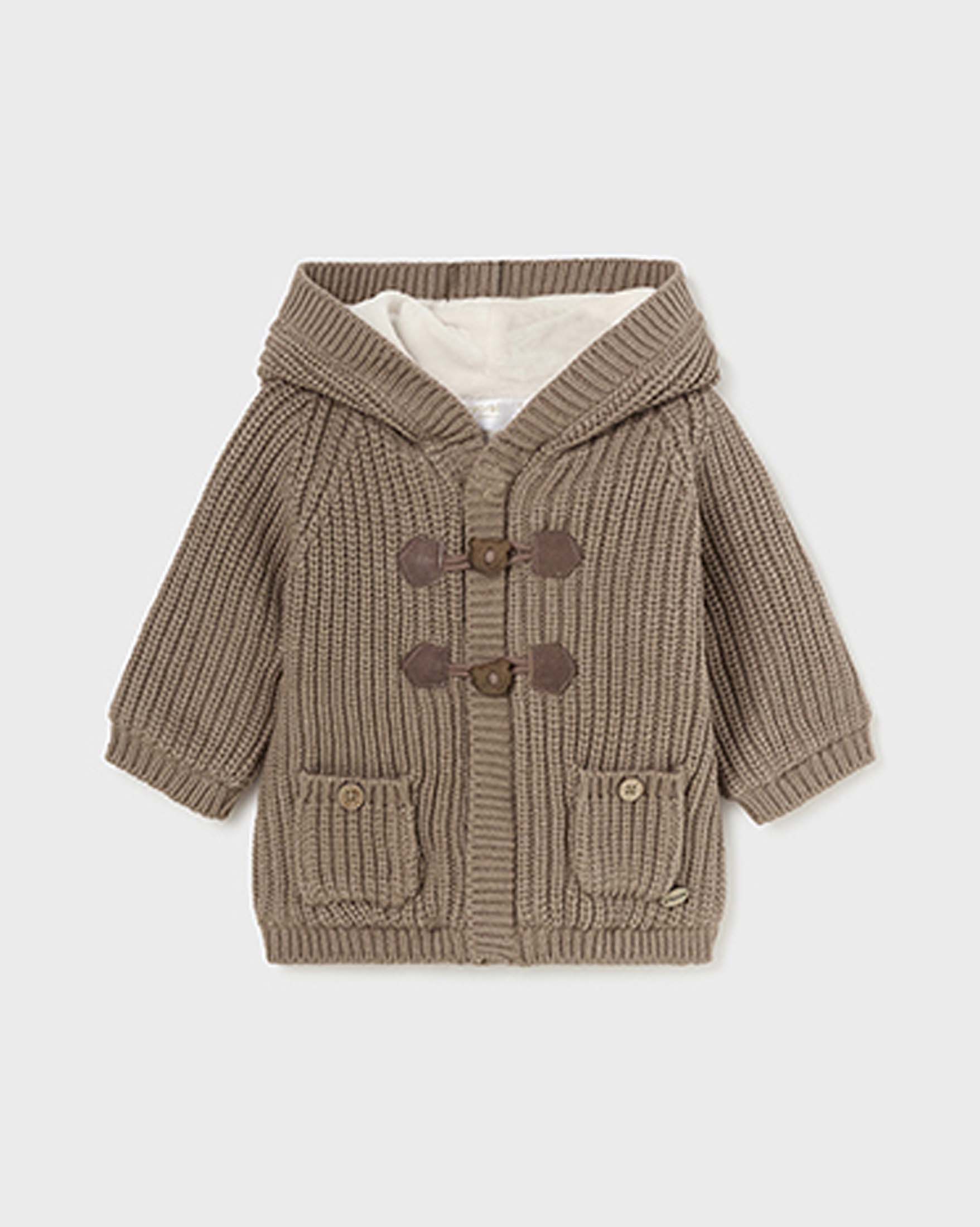 Giacca marrone in cotone tricot con cappuccio ed alamari