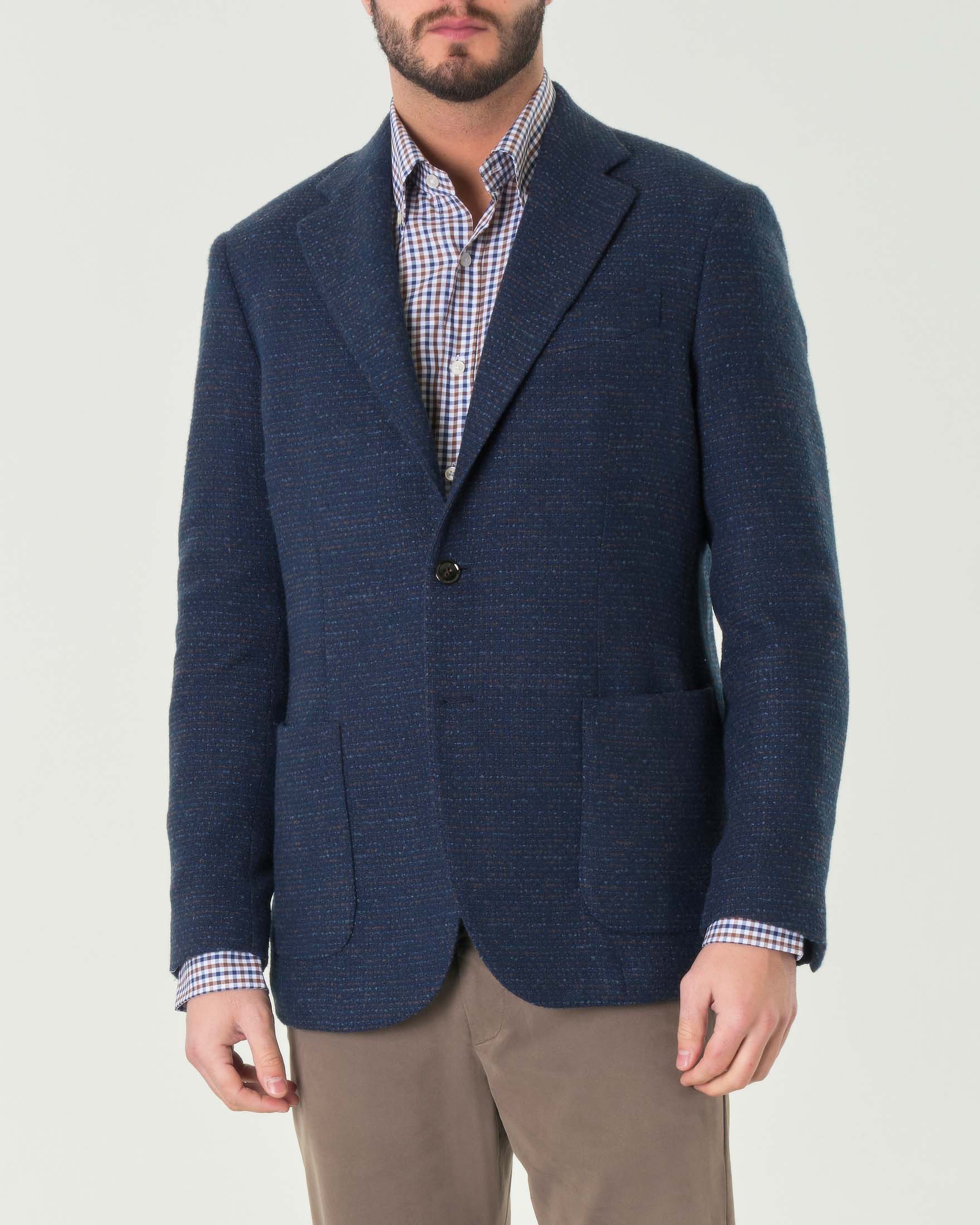 Blazer blu in tweed di misto lana con tasche applicate sul davanti