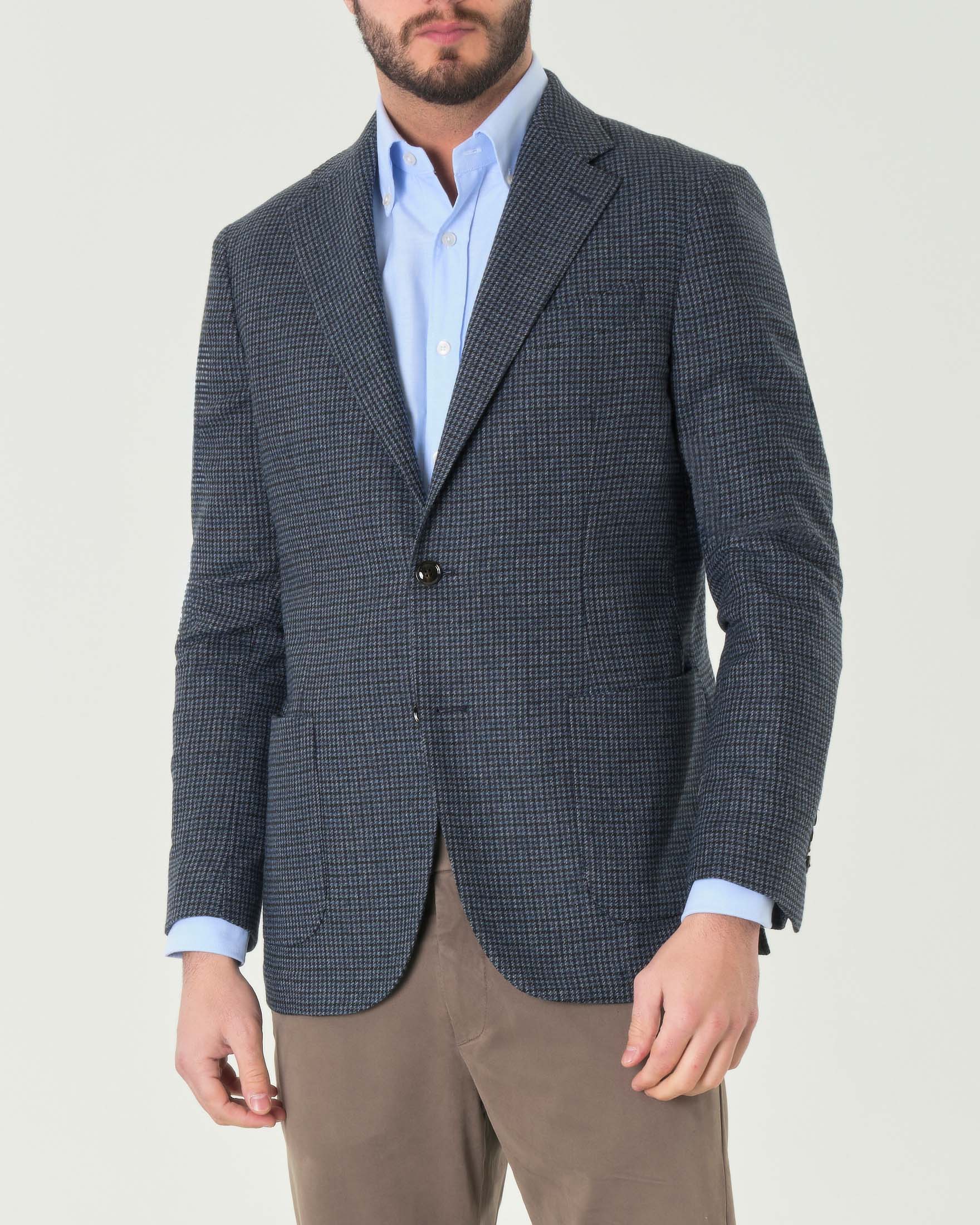 Blazer blu denim in pied de poule di misto lana con tasche applicate sul davanti