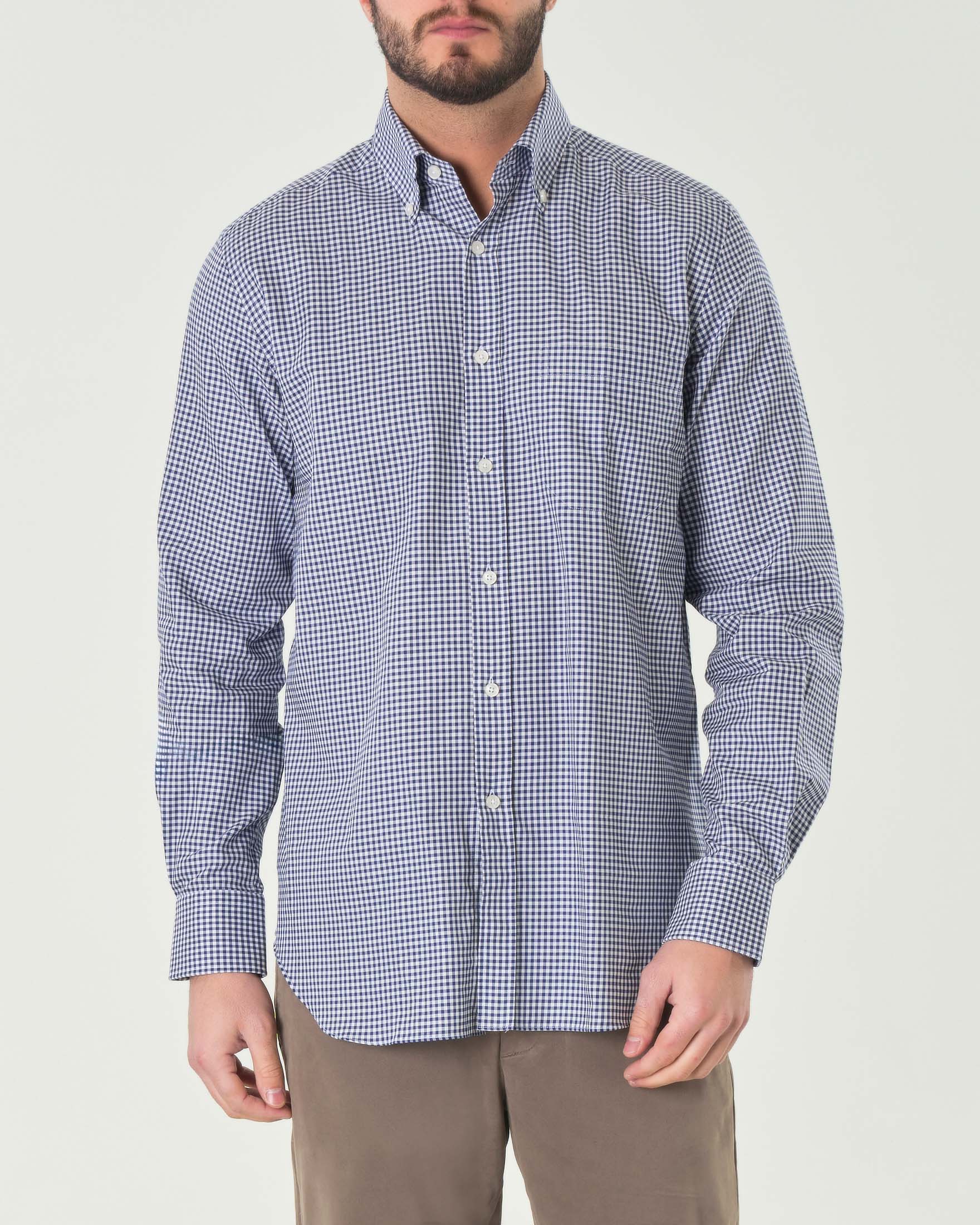 Camicia bianca e blu in vichy di puro cotone con colletto button-down e taschino