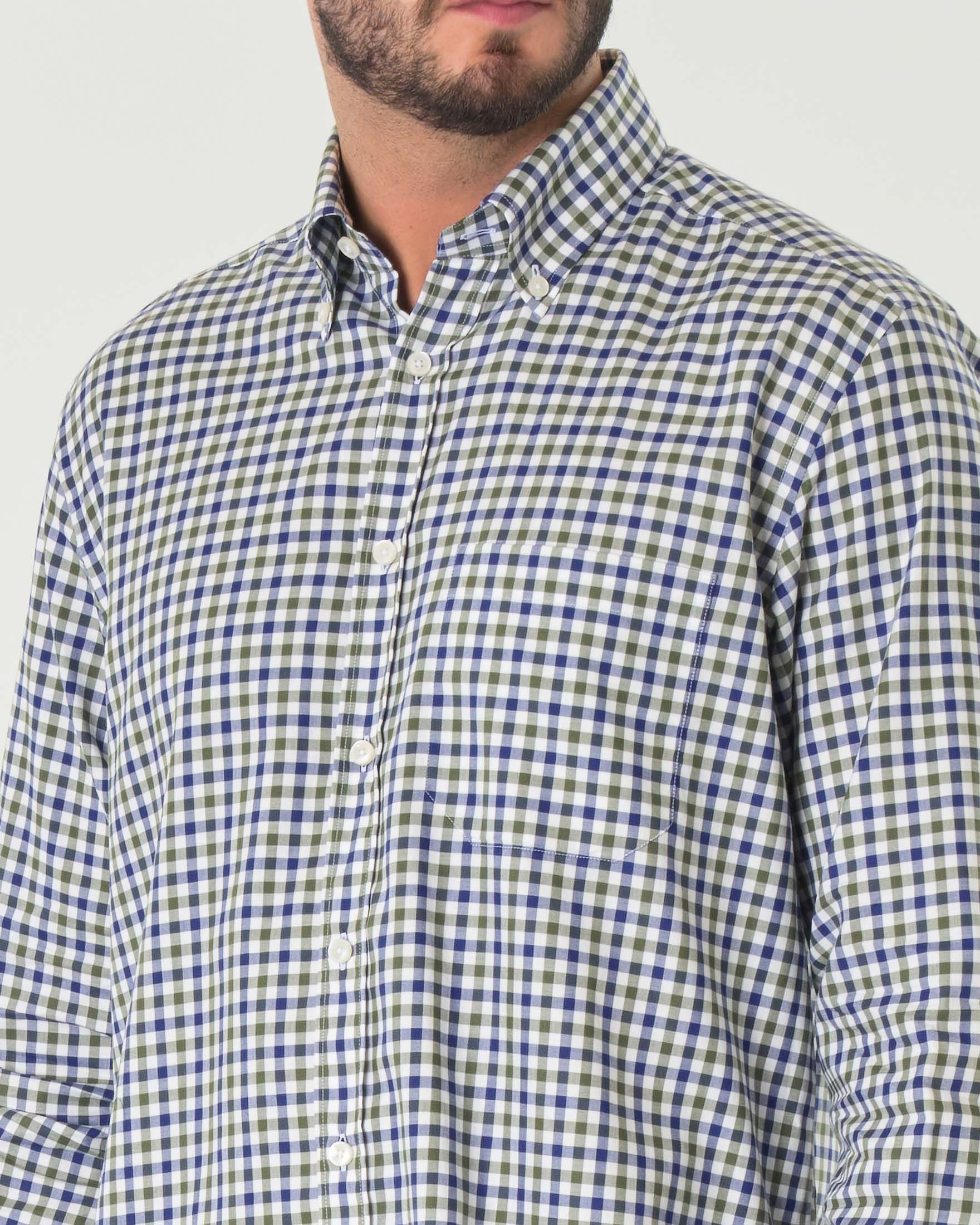 Camicia bianca blu e verde in vichy di puro cotone con colletto button-down e taschino image