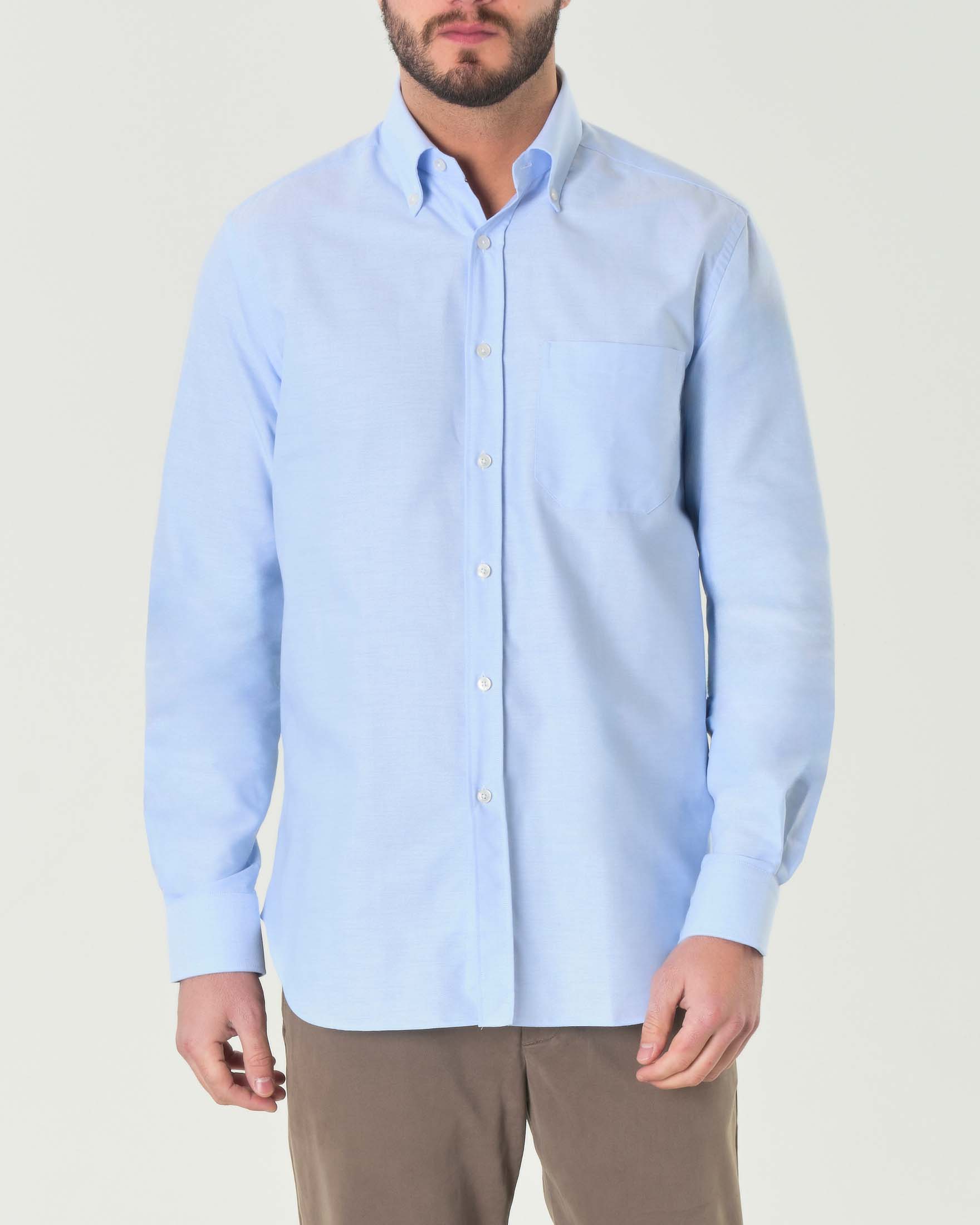 Camicia azzurra in Oxford di puro cotone con colletto button-down e taschino