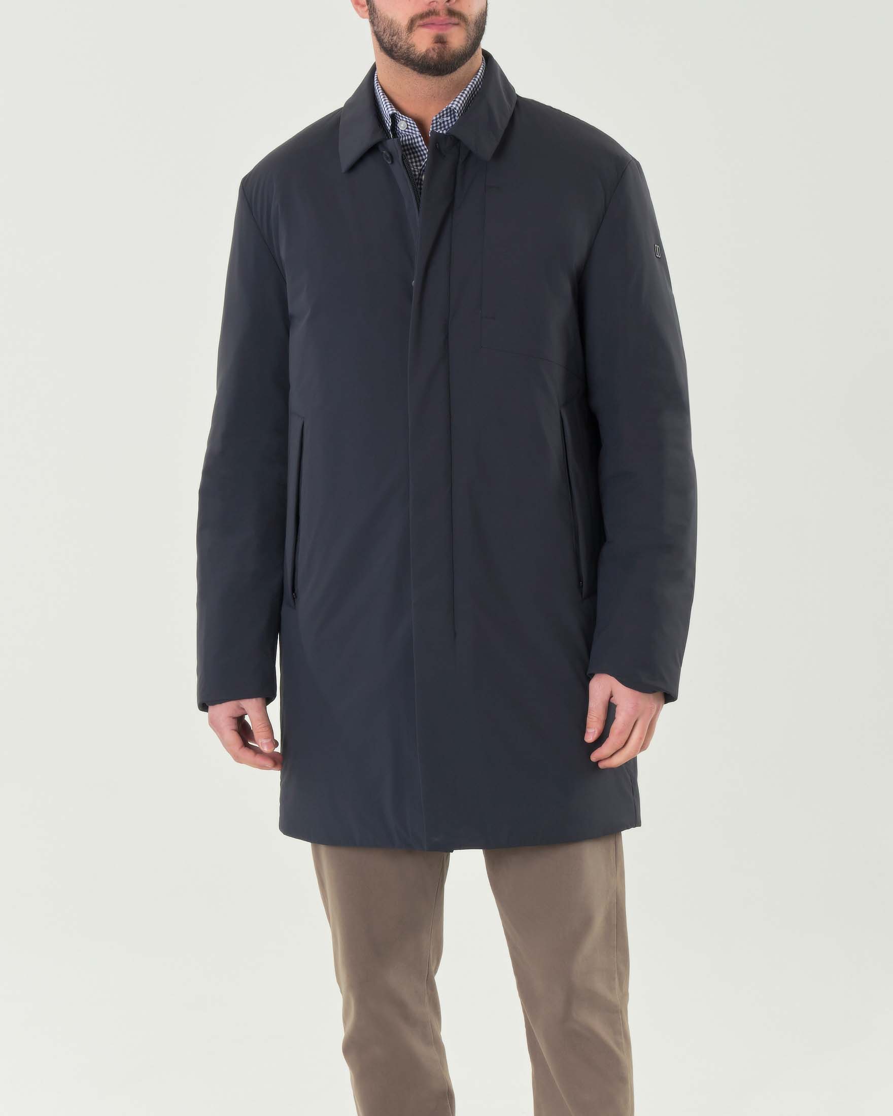 Cappotto Connor blu in tessuto tecnico bi-stretch imbottito con collo a camicia