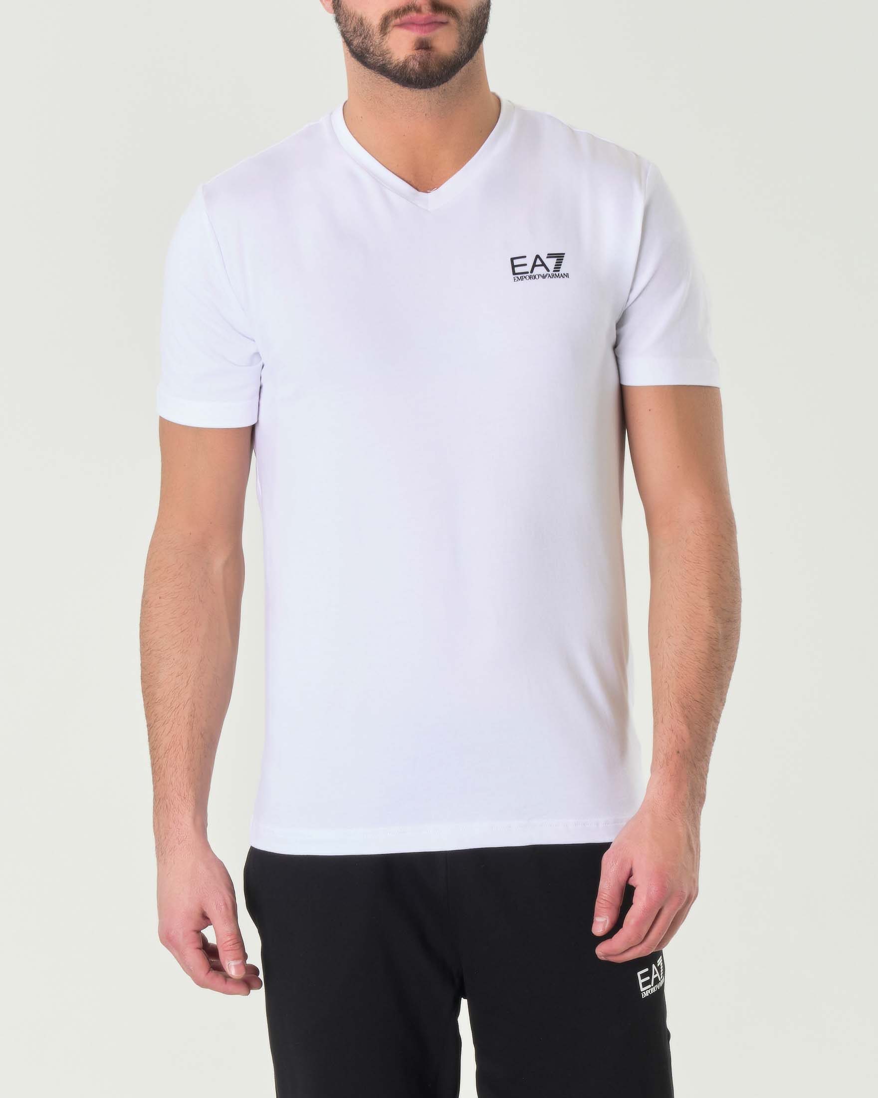 T-shirt bianca in cotone stretch con scollo a V e logo nero sul petto