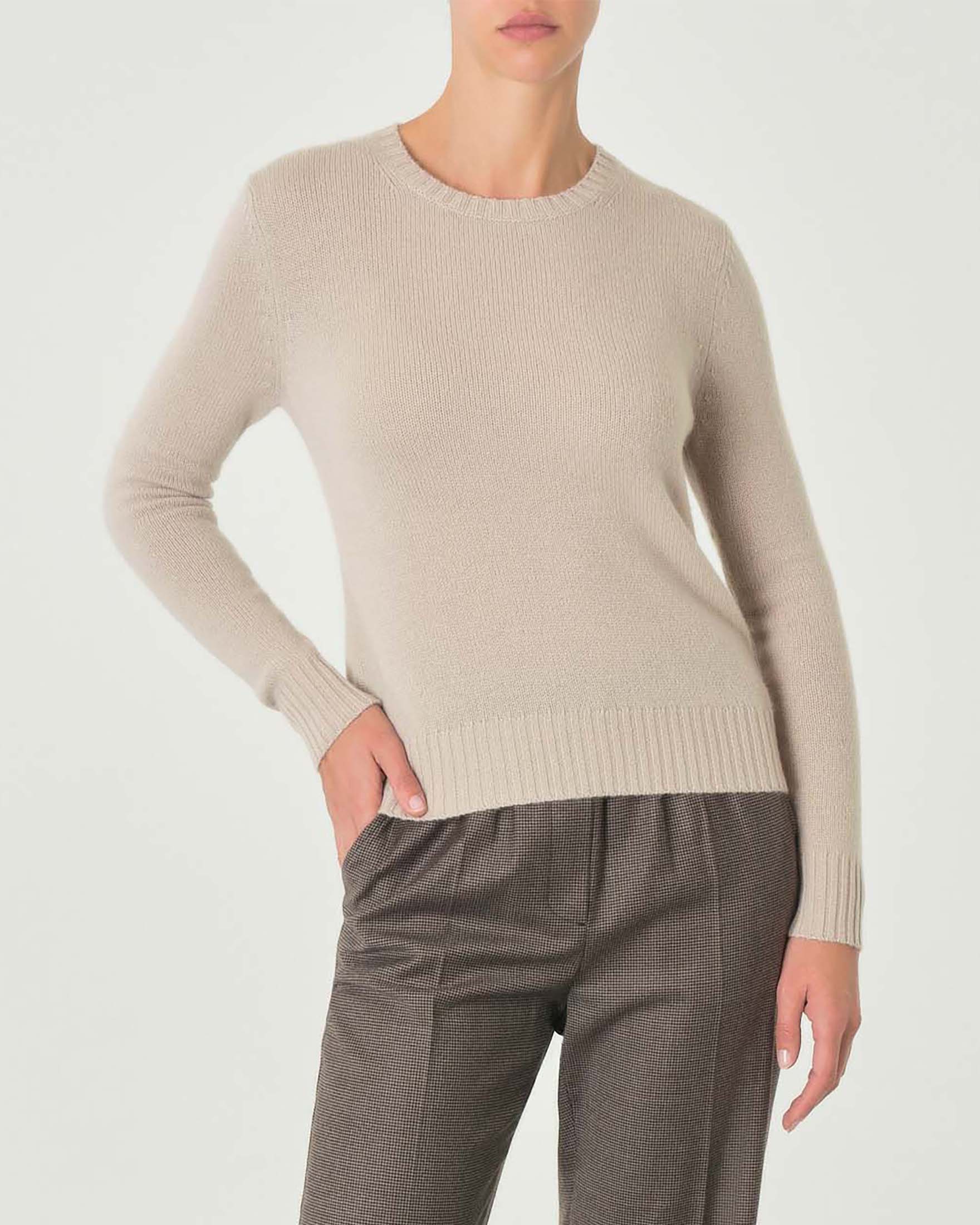 Maglia beige melange girocollo in puro cashmere
