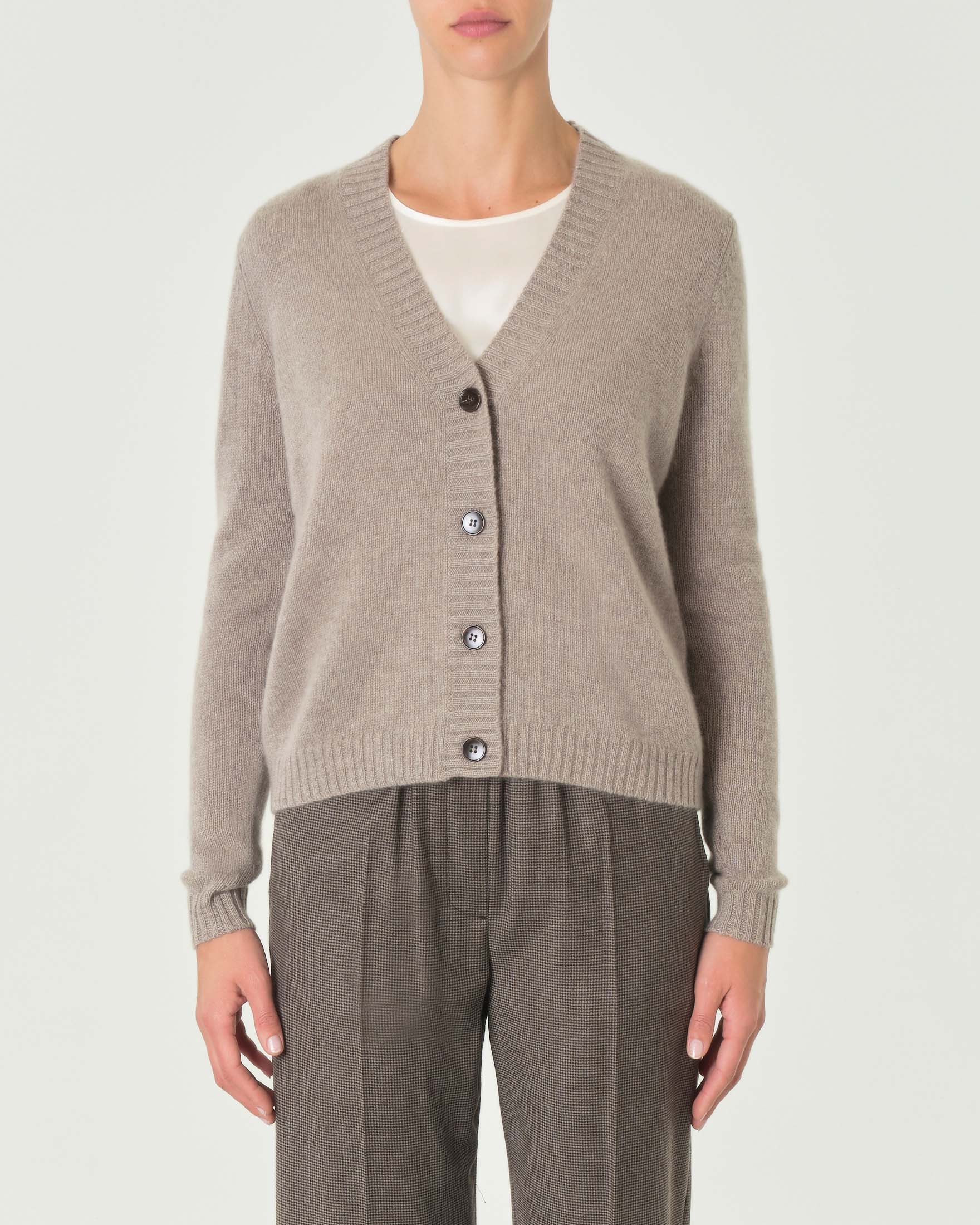 Cardigan color taupe in puro cashmere con scollo a V e chiusura a bottoni image