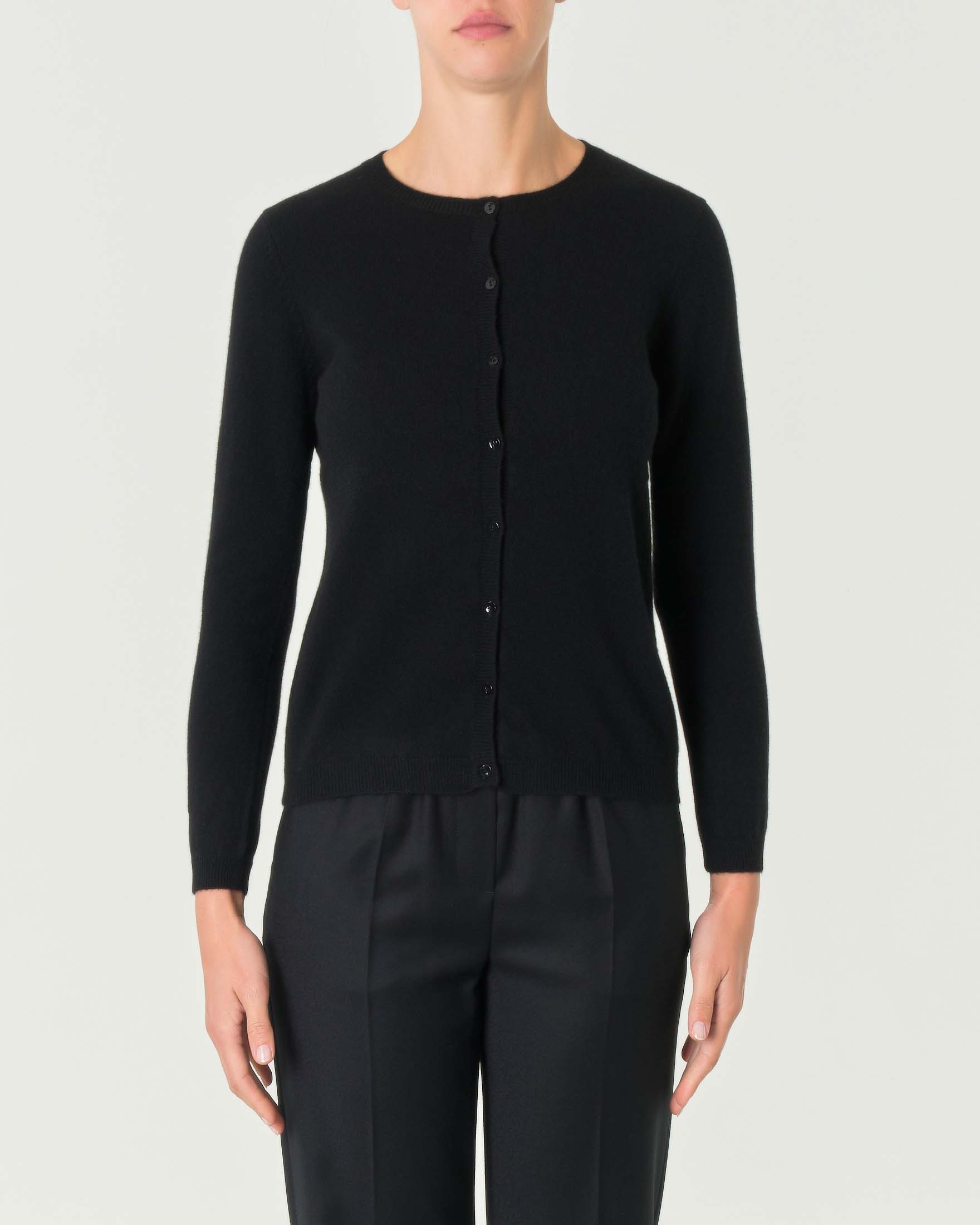 Cardigan nero girocollo in puro cashmere con chiusura a bottoni tono su tono image