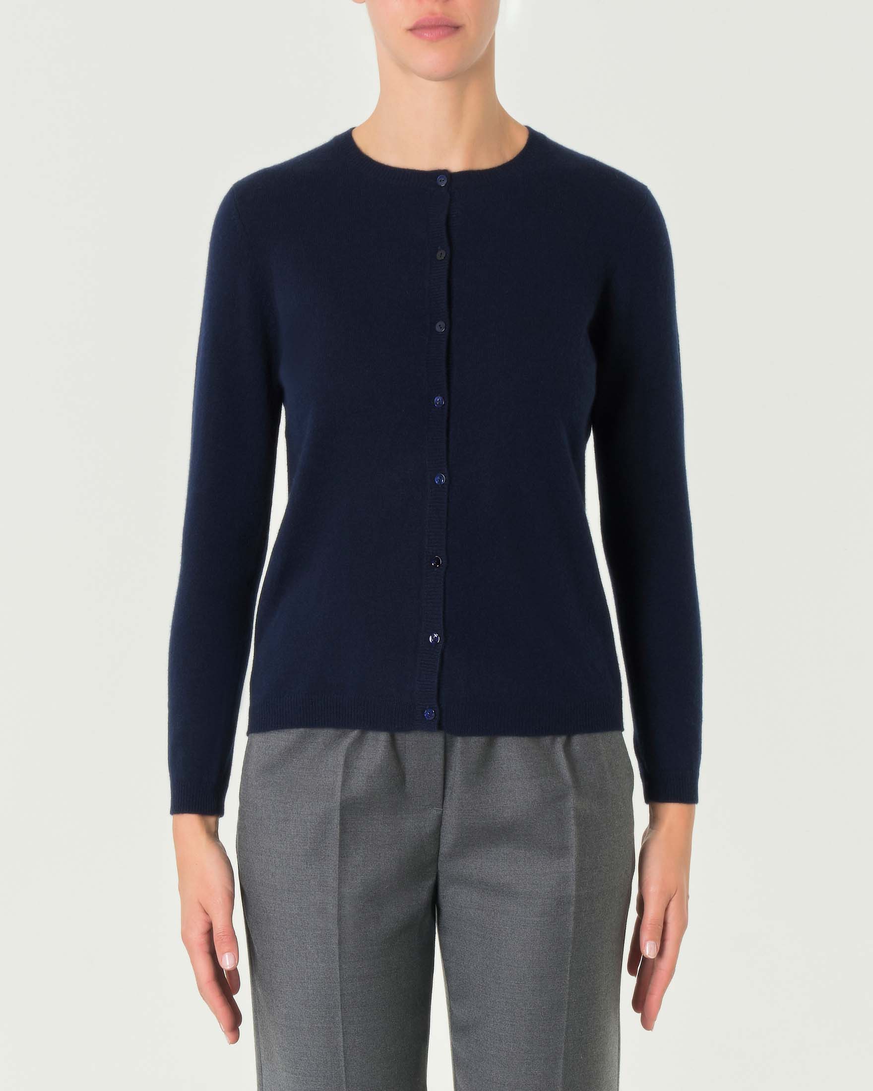 Cardigan blu girocollo in puro cashmere con chiusura a bottoni tono su tono image