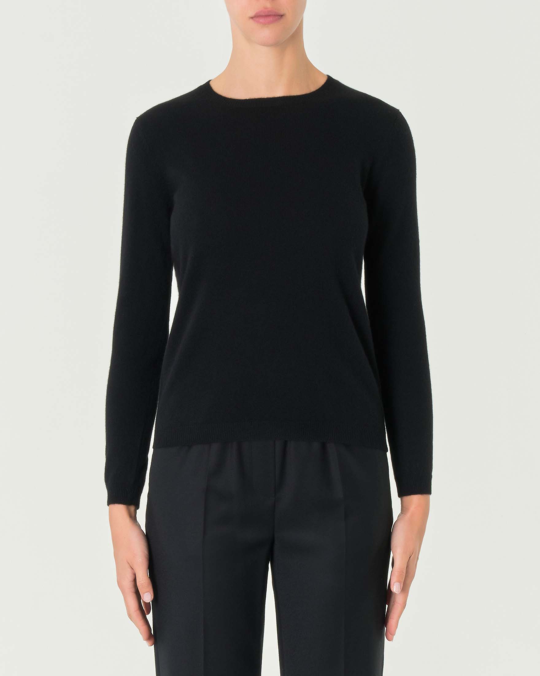 Maglia nera girocollo in cashmere con profili lavorati a costine image