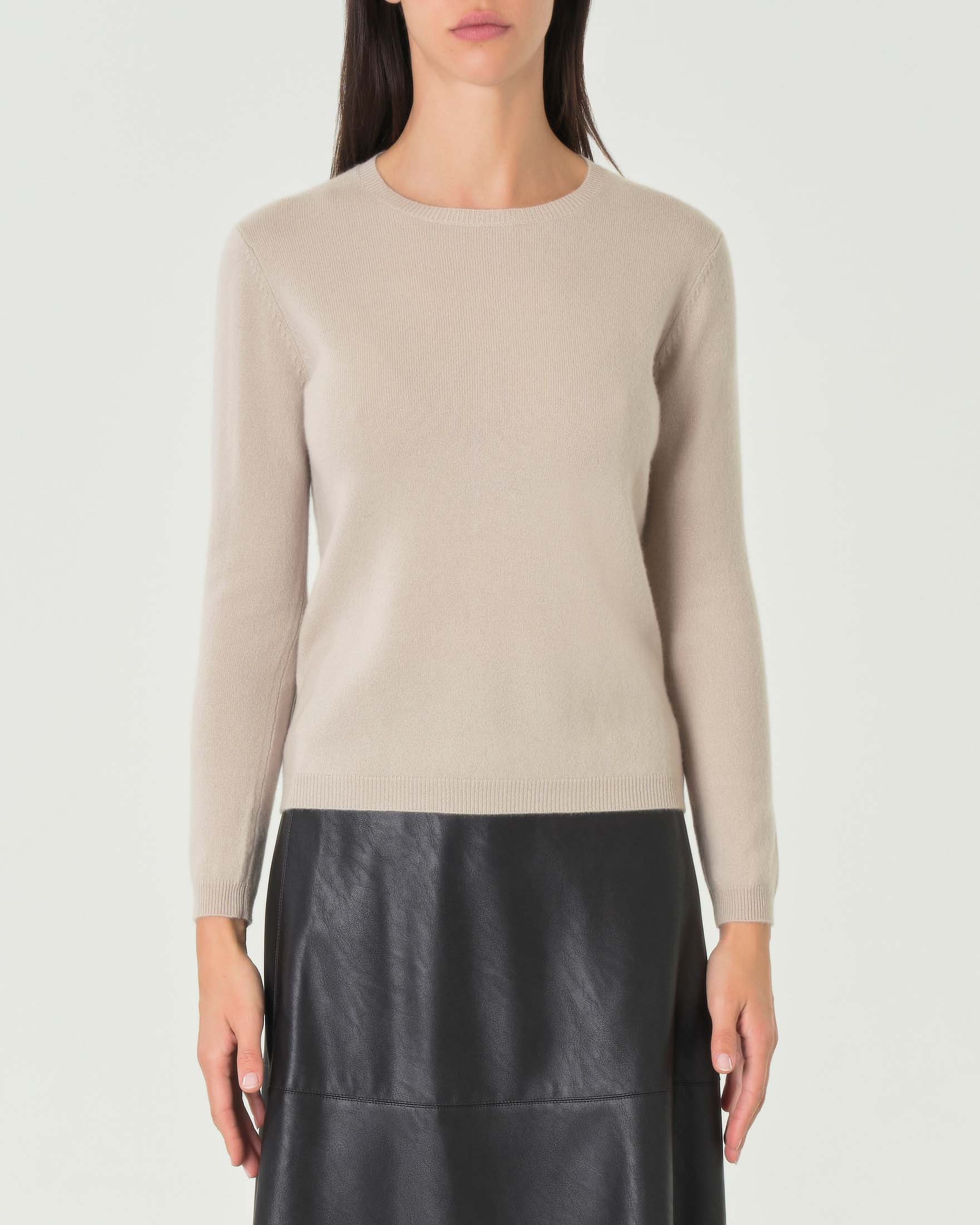 Maglia beige girocollo in cashmere con profili lavorati a costine image