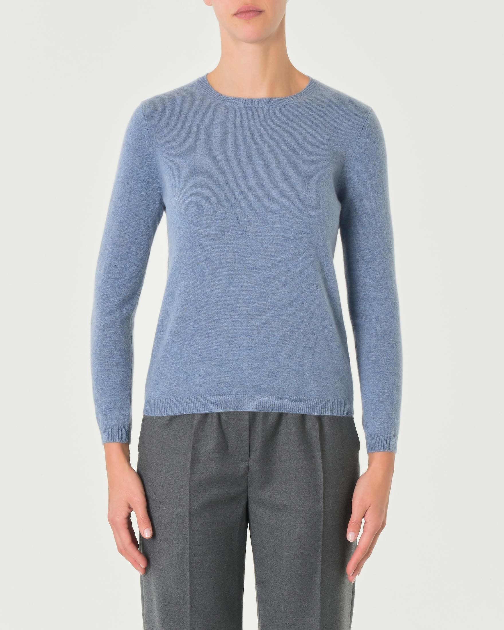 Maglia azzurro denim girocollo in cashmere con profili lavorati a costine image