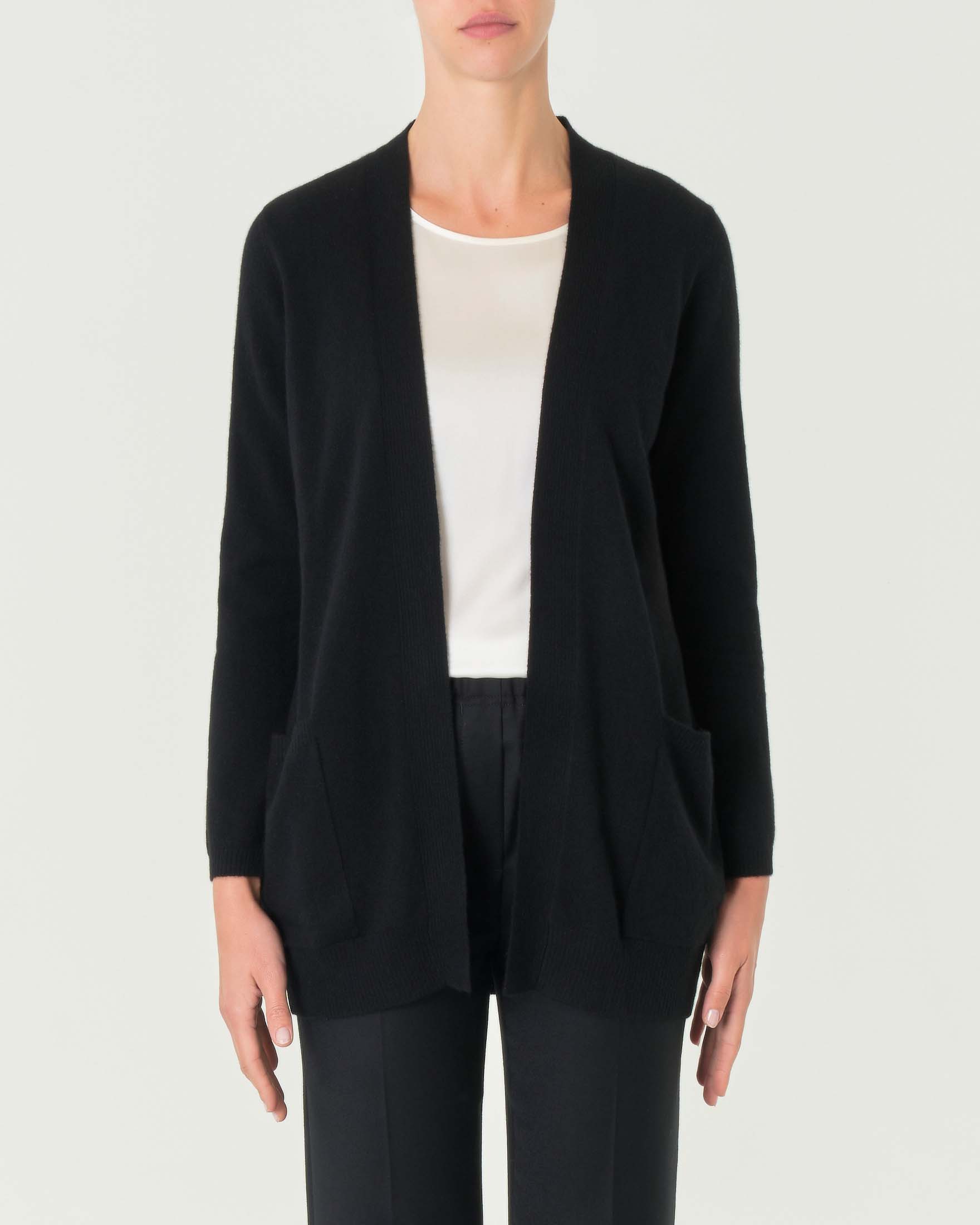 Cardigan midi nero in puro cashmere senza bottoni di chiusura con tasche laterali image