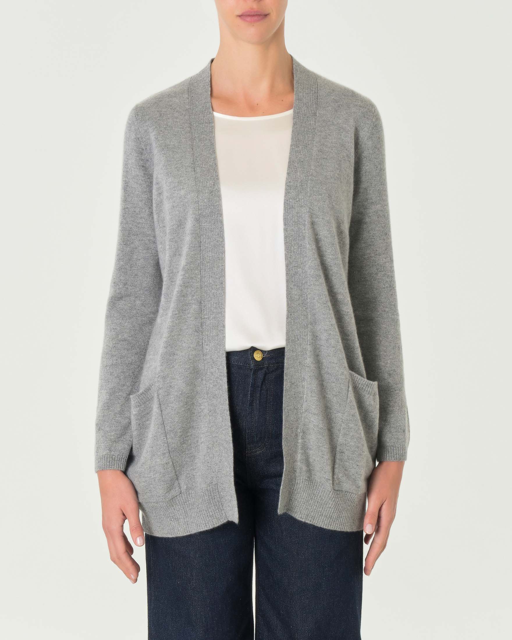 Cardigan midi grigio in puro cashmere senza bottoni di chiusura con tasche laterali image