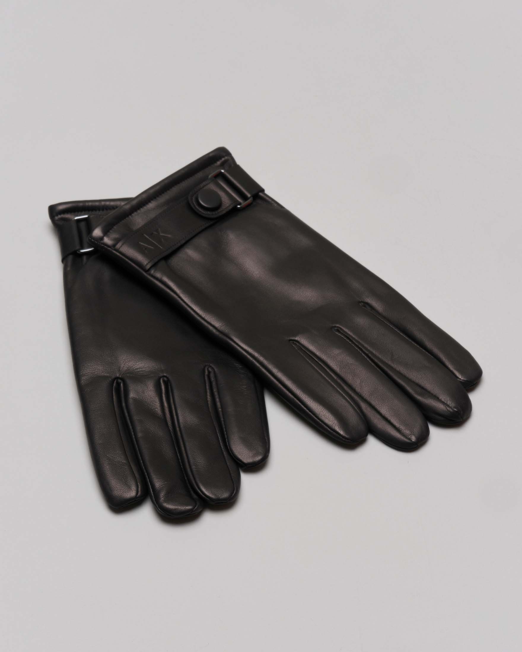 Guanti neri in pelle liscia con cinturino al fondo e logo impresso