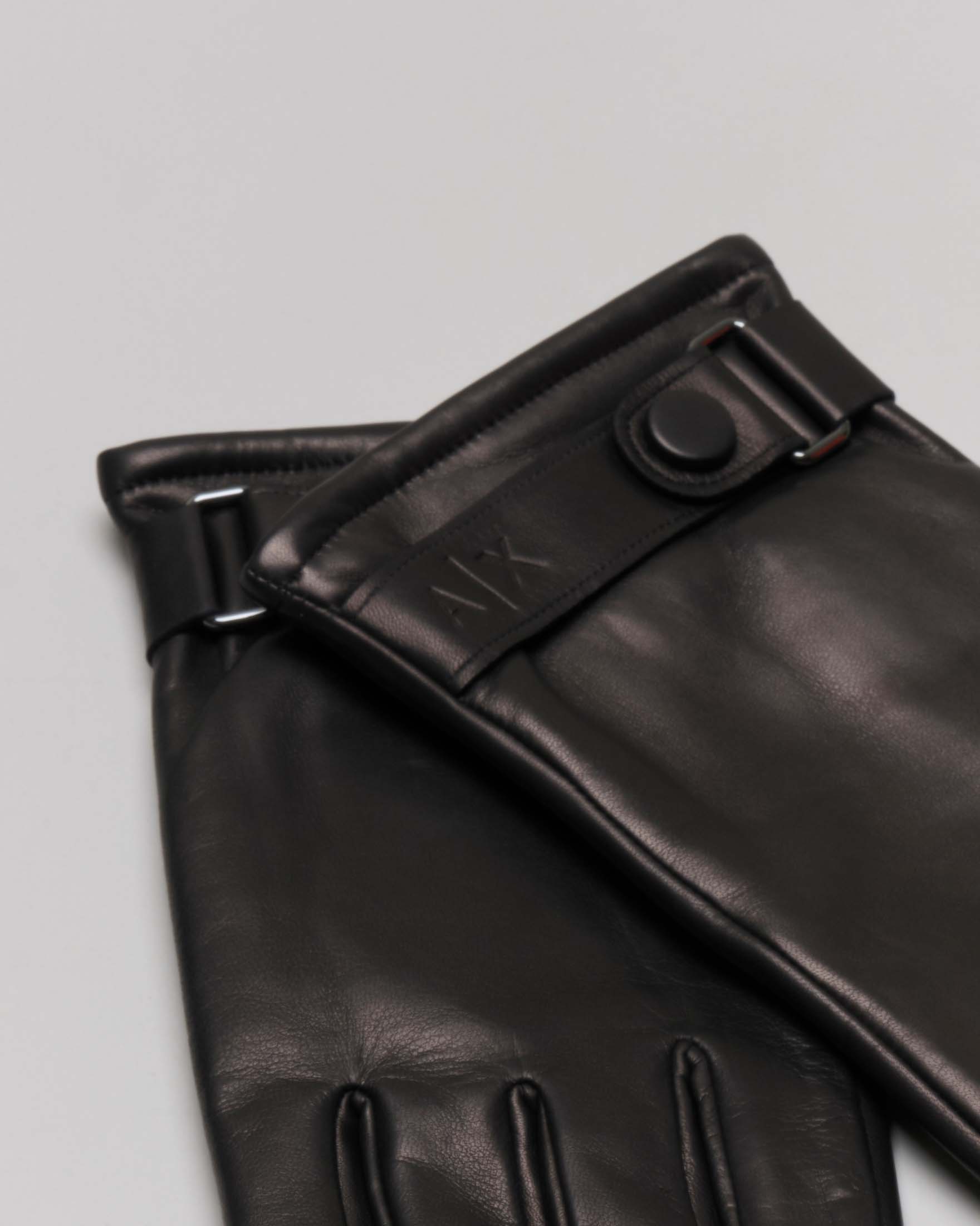 Guanti neri in pelle liscia con cinturino al fondo e logo impresso image