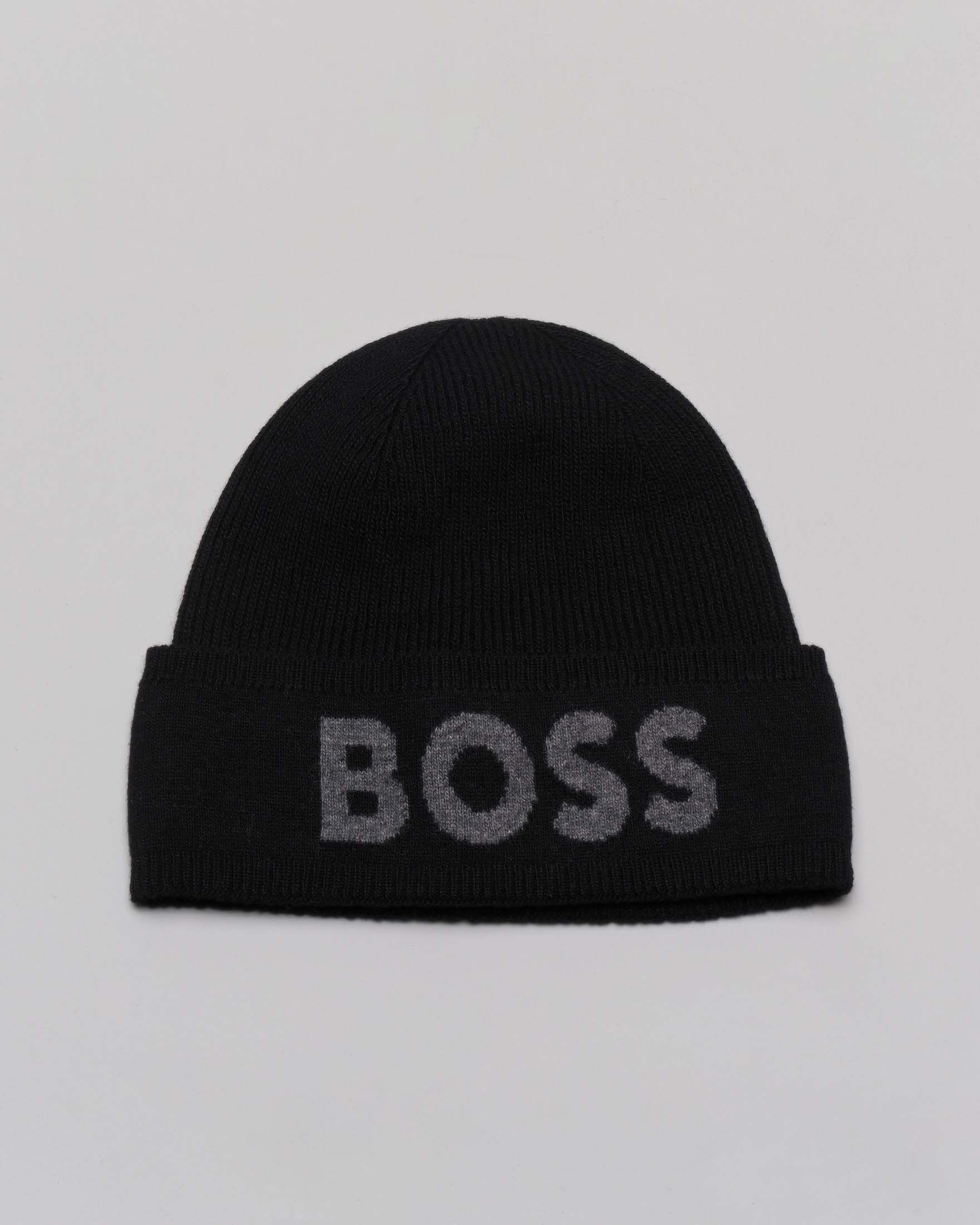 Berretto nero in misto lana e cashmere a coste inglesi con logo jacquard grigio sul risvolto