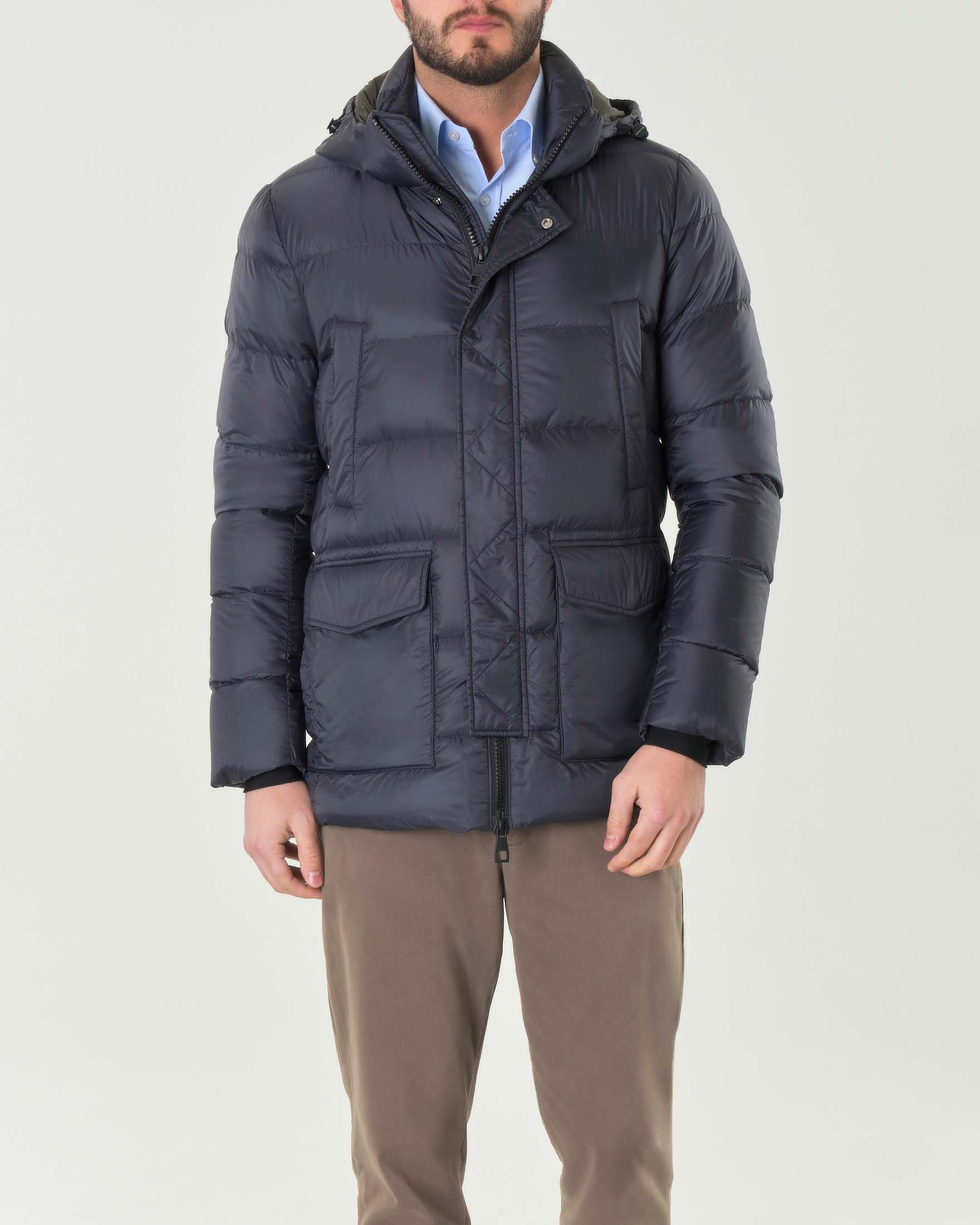 Piumino blu con cappuccio in nylon opaco imbottito in piuma con tascone applicate