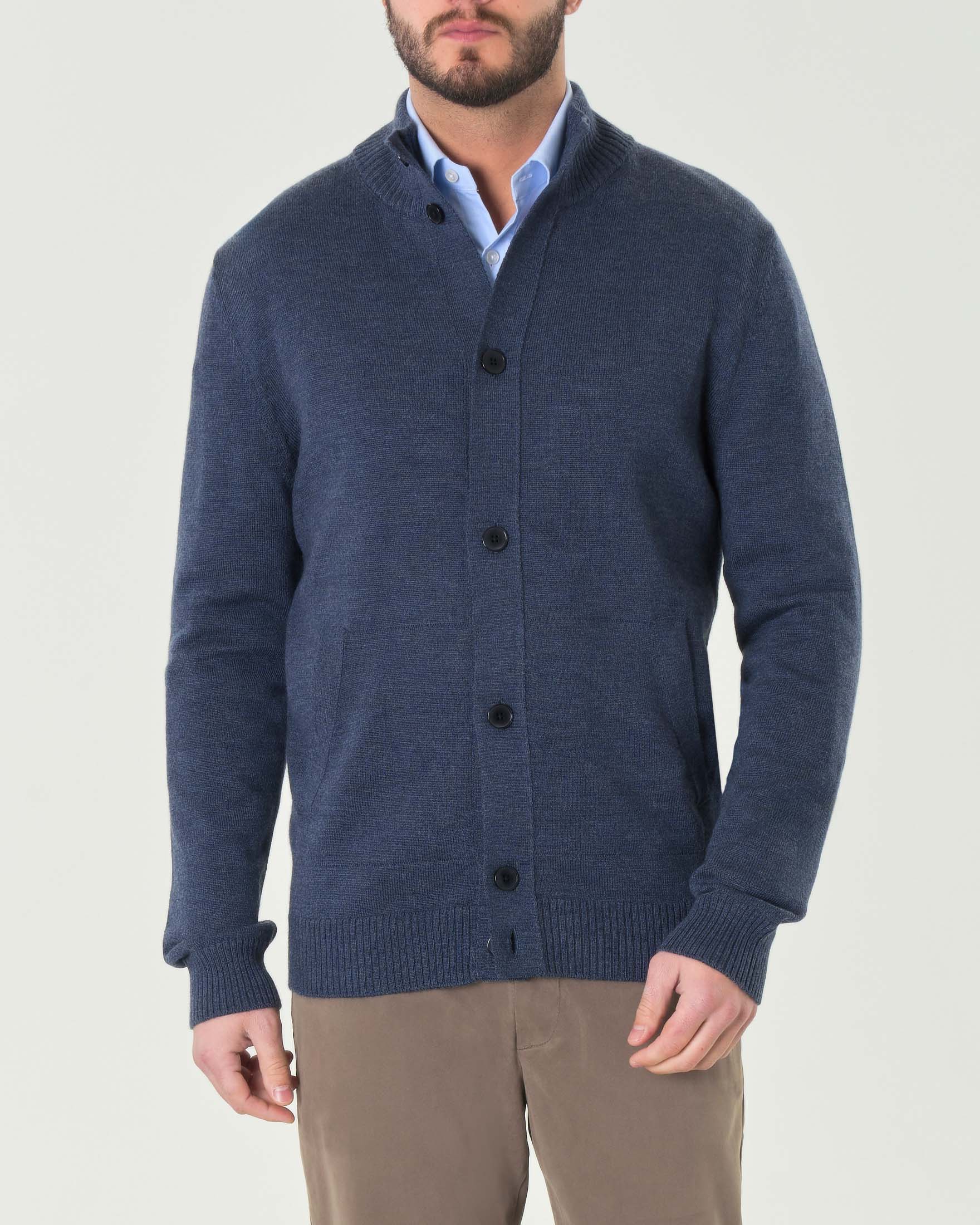 Cardigan Pellizzari blu indaco in maglia finezza 7 di pura lana merino con tasche frontali e collo alto