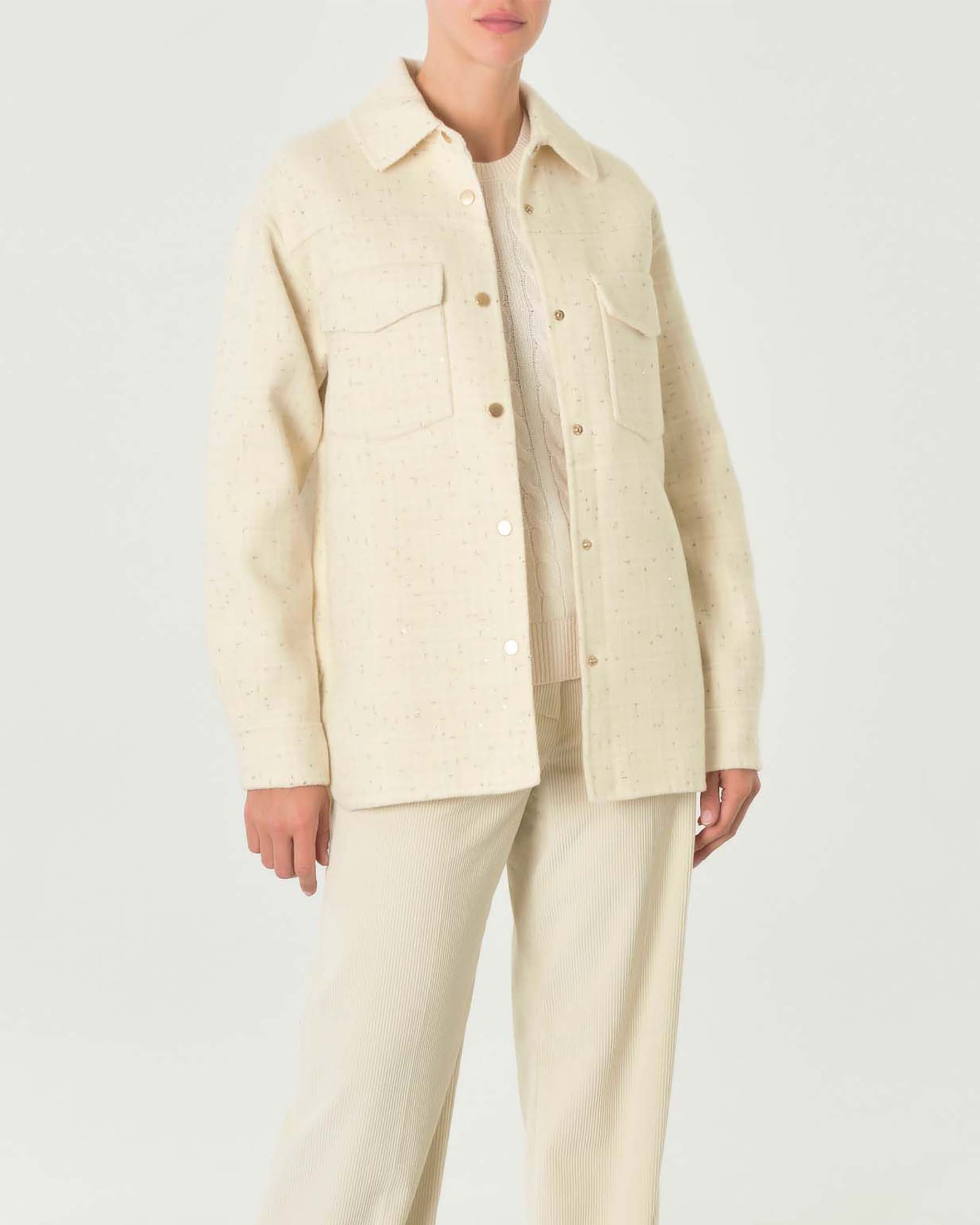 Caban a camicia color avorio in lana con inserti in lurex argento