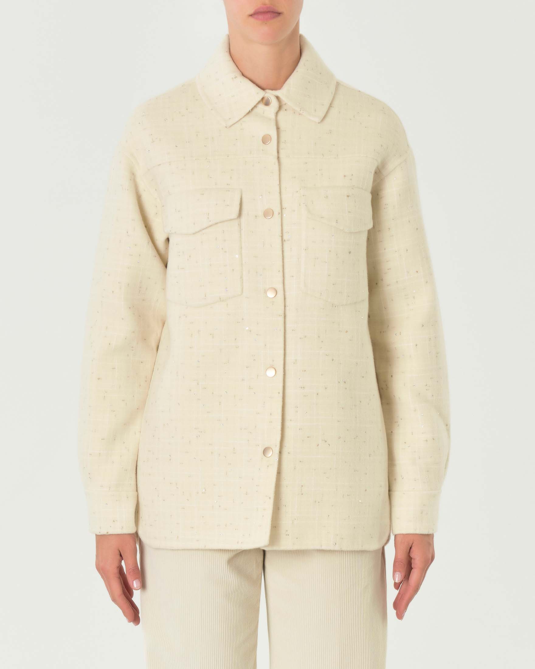 Caban a camicia color avorio in lana con inserti in lurex argento image