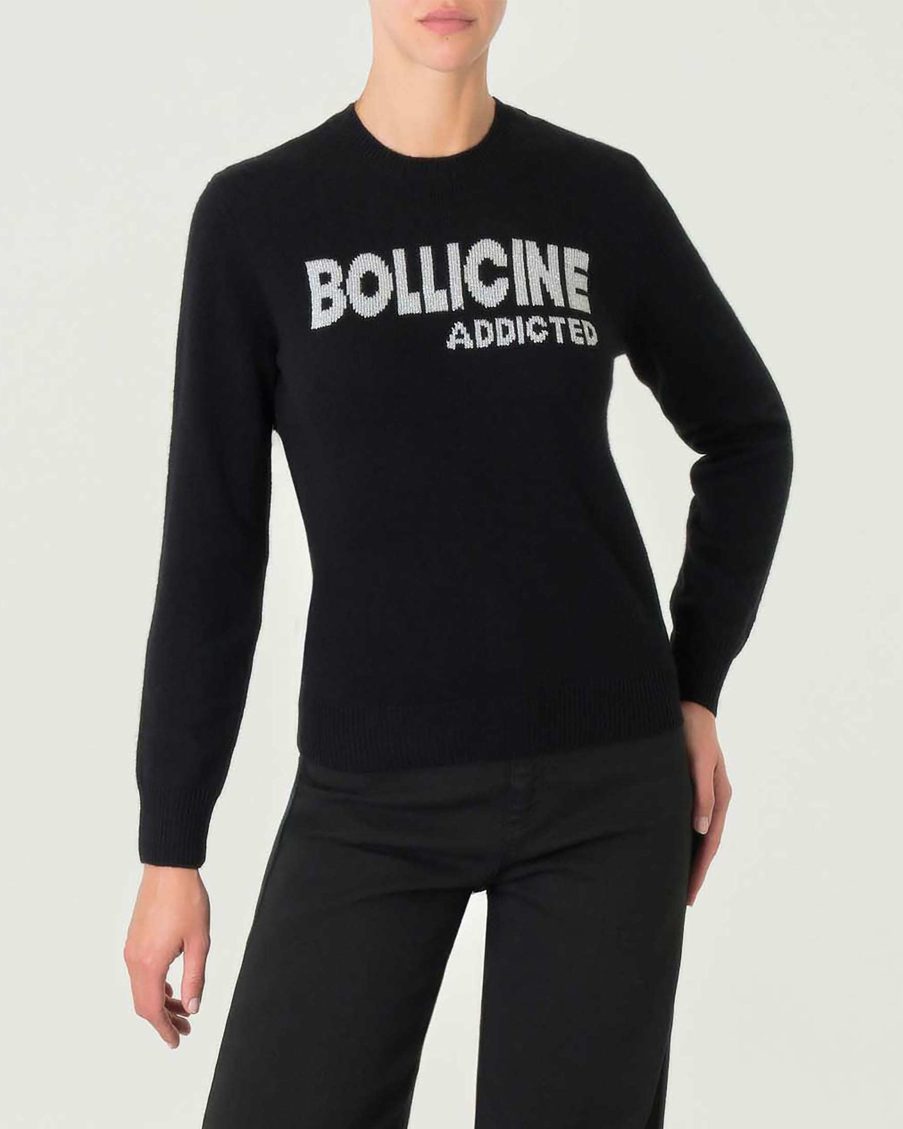 Maglia girocollo nera in alpaca e lana con scritta argento Bolliccine addicted
