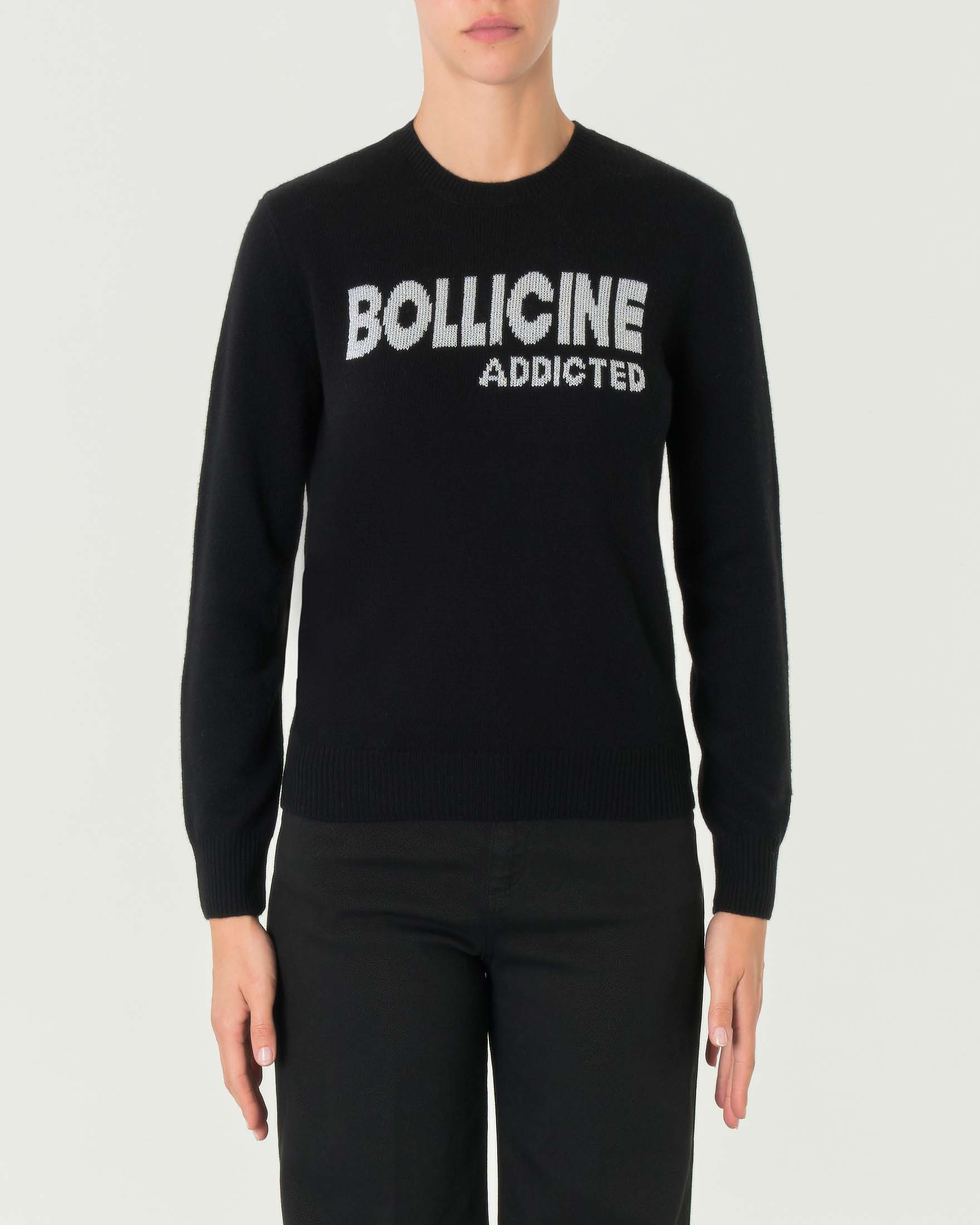 Maglia girocollo nera in alpaca e lana con scritta argento Bolliccine addicted image