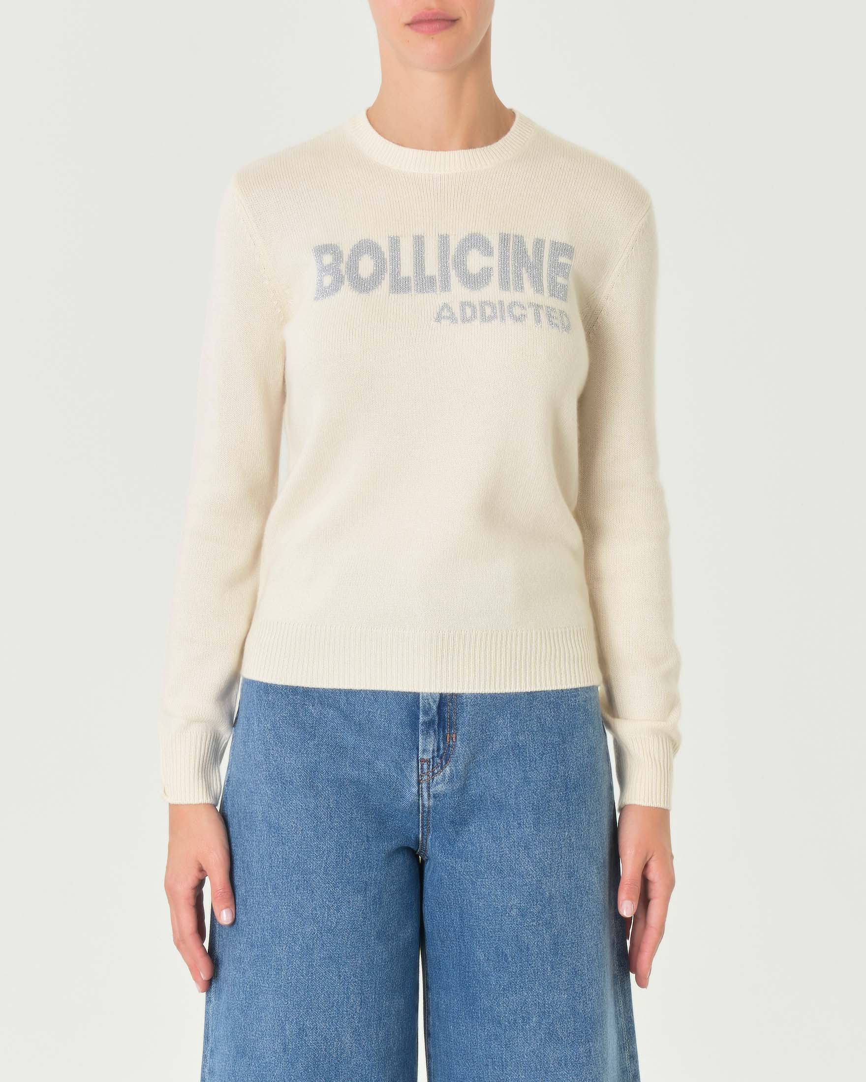 Maglia girocollo bianca in alpaca e lana con scritta argento Bolliccine addicted image