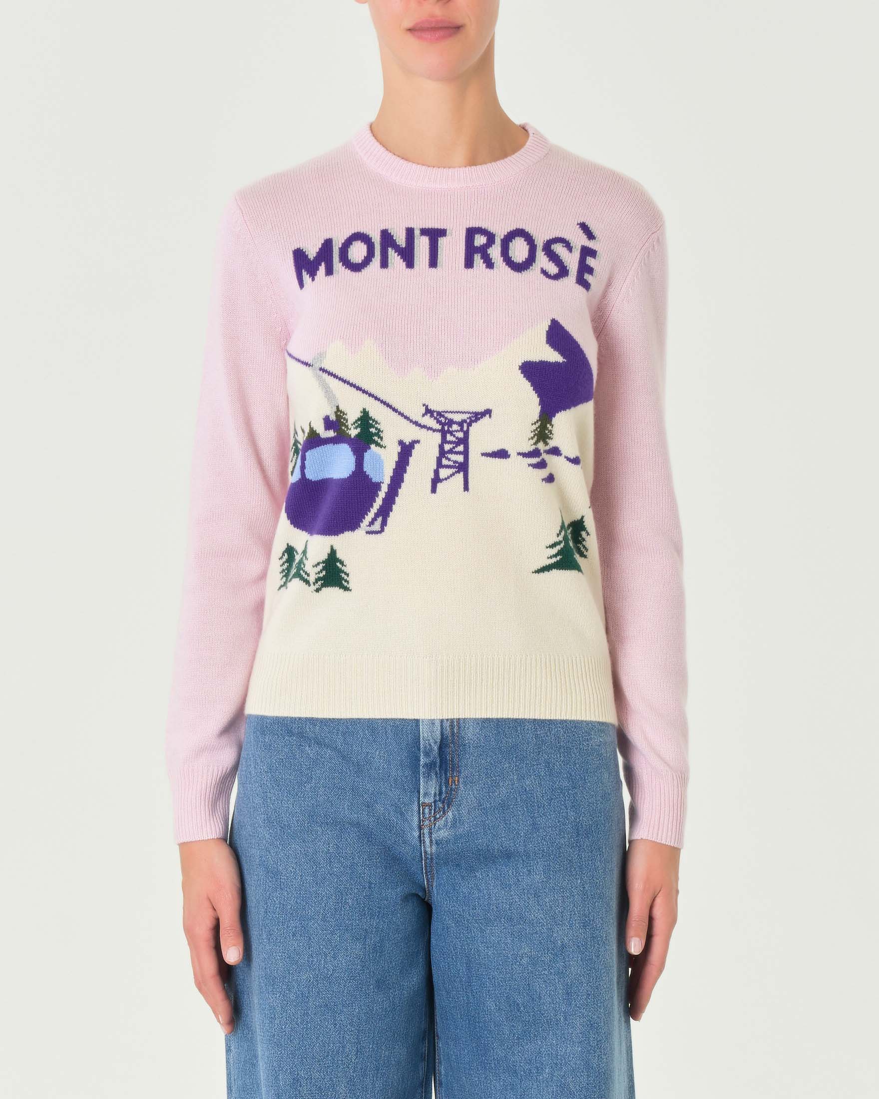 Maglia rosa in lana e cashmere con paesaggio montano jacquard e scritta viola Mont Rosè image