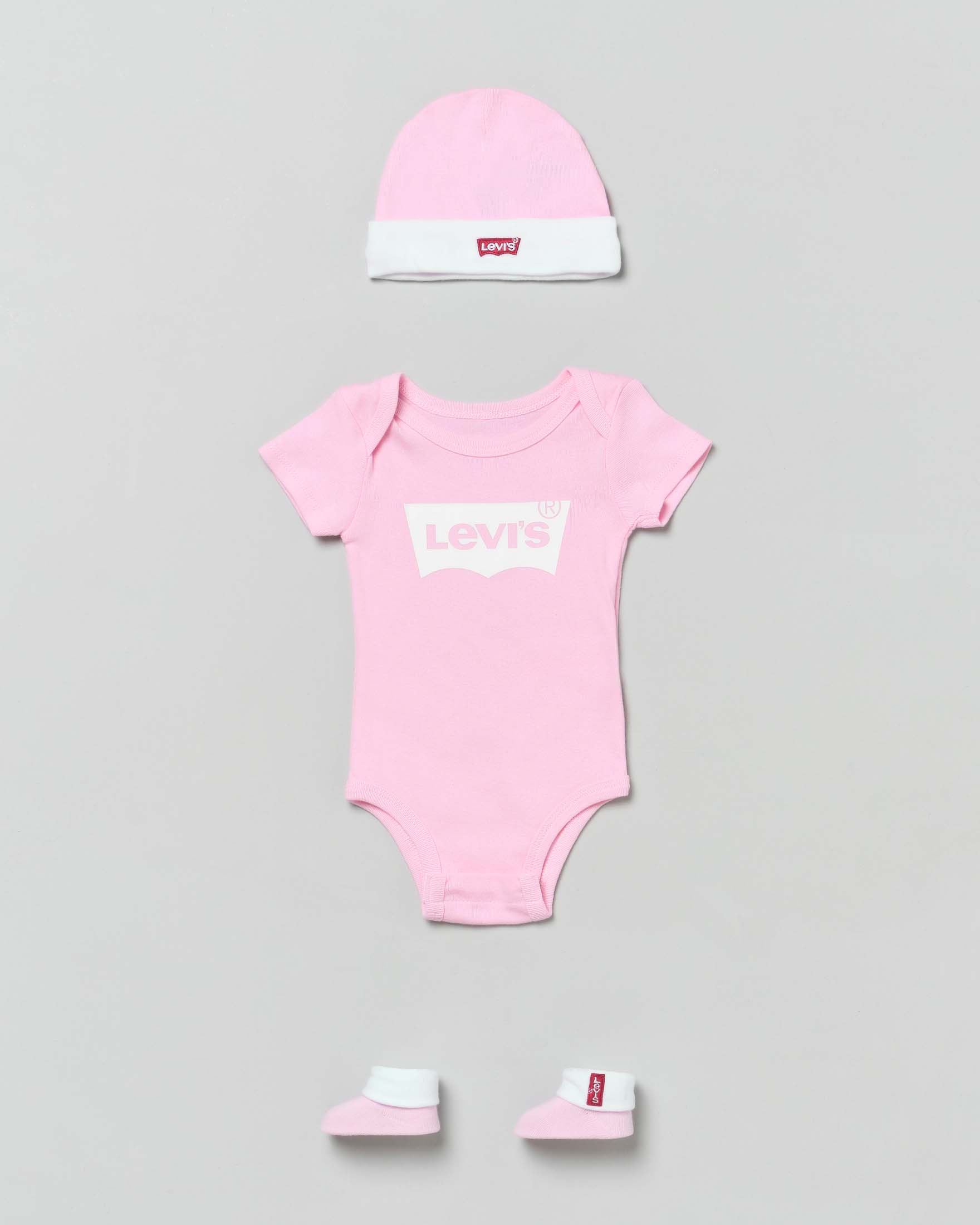 Set a tre pezzi in cotone rosa e bianco