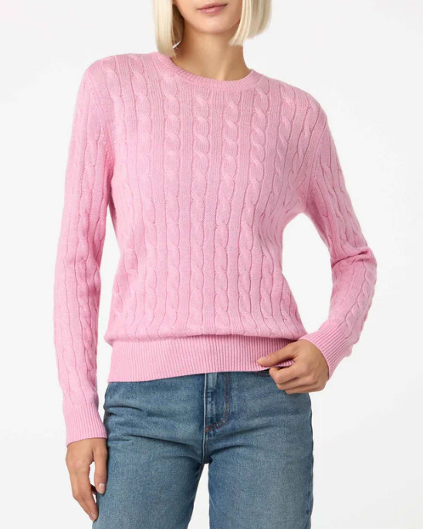 Maglia girocollo rosa in lana e cashmere a lavorazione a trecce
