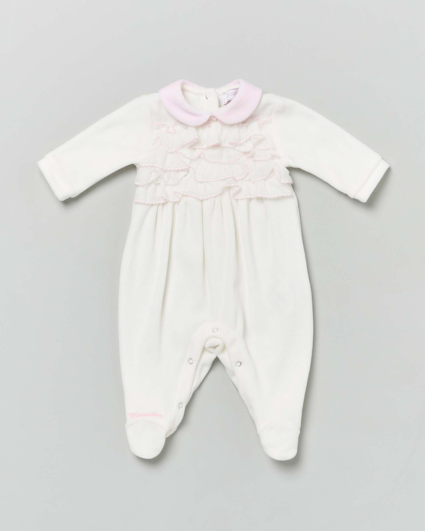 Tutina bianca e rosa in velluto con volants