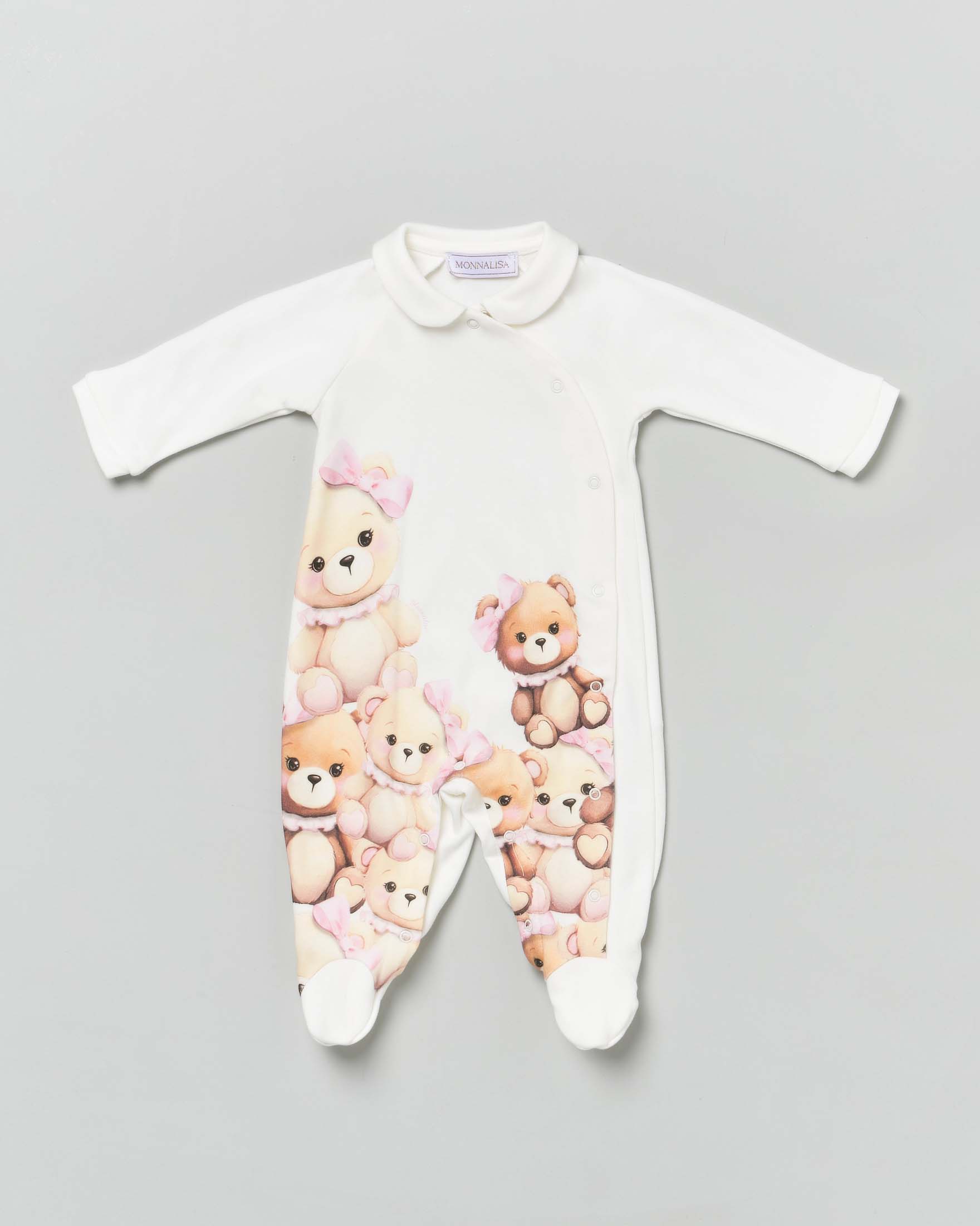 Tutina bianca in cotone a maniche lunghe con stampa orsette