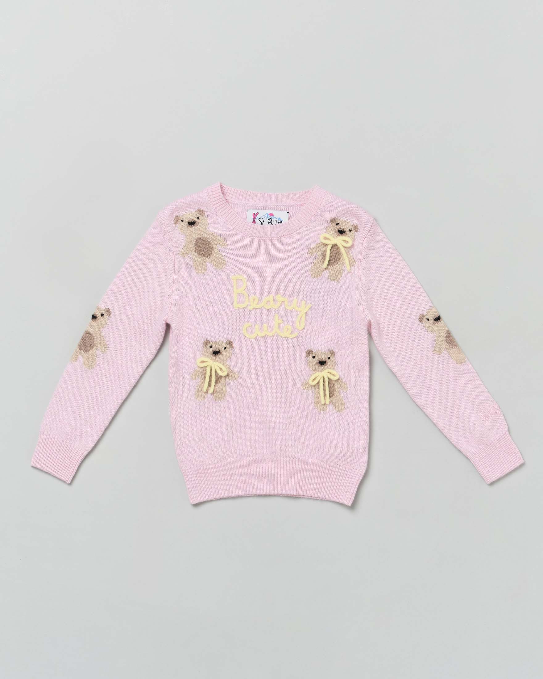 Maglia MC2 Saint Barth rosa in misto lana e cashmere con orsetti, scritta Beary Cute e fiocchi