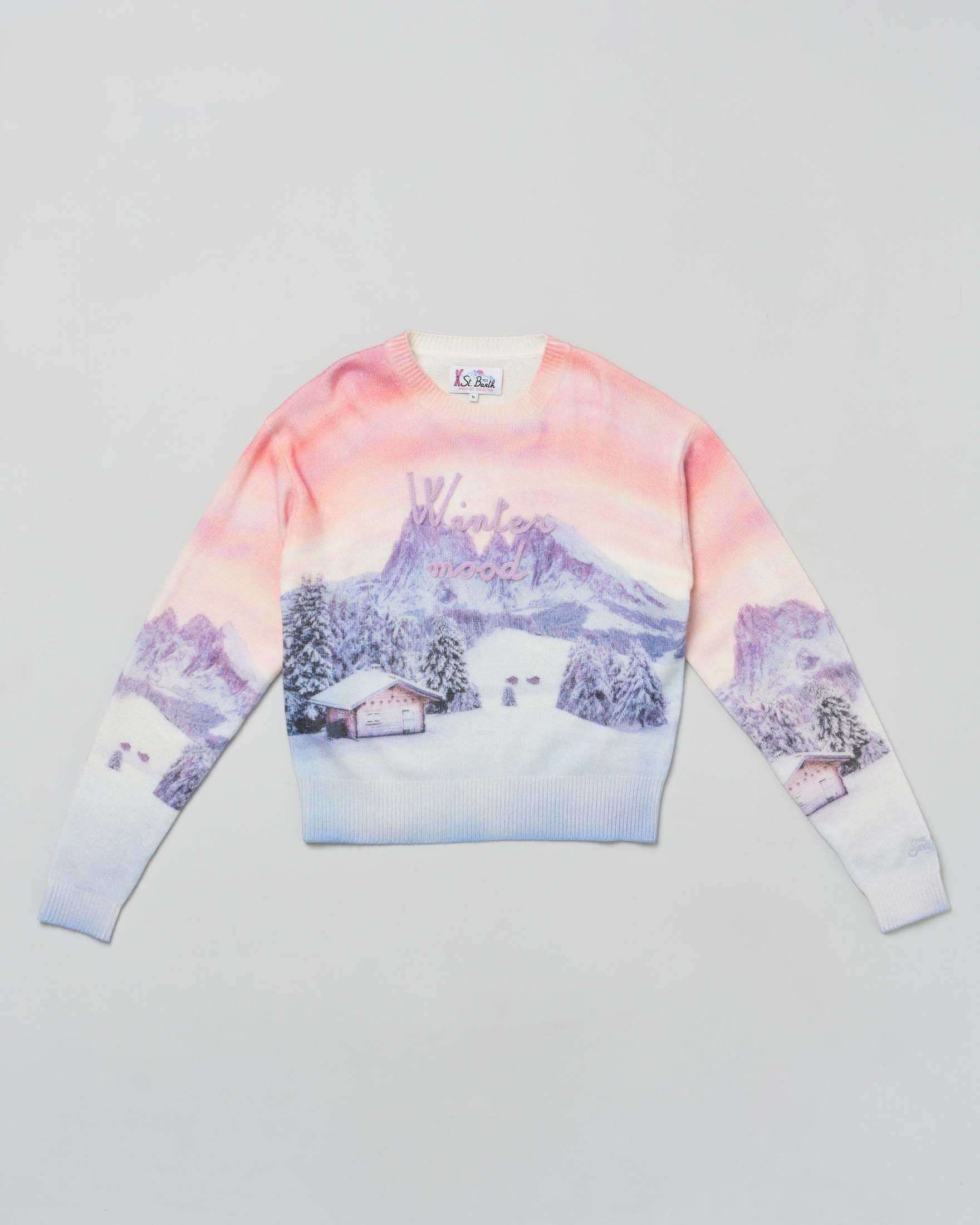 Maglia MC2 Saint Barth girocollo multicolor in misto lana e cashmere con grafica chalet di montagna e scritta Winter Mood