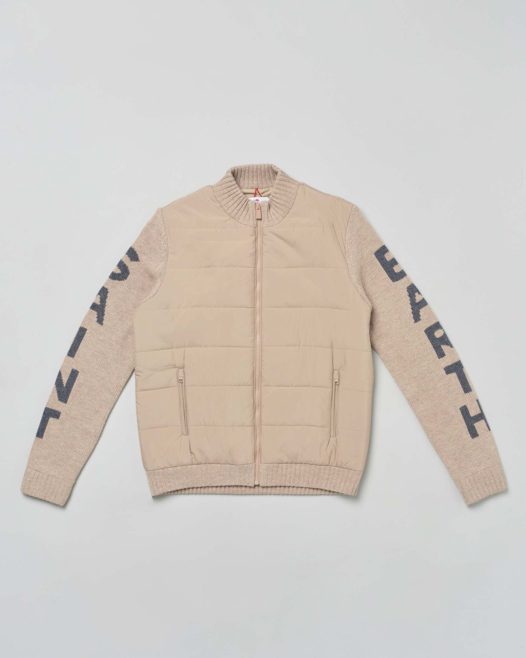 Giacca MC2 Saint Barth beige bi-tessuto in lana con inserto frontale in nylon imbottito e scritta logo sulle maniche