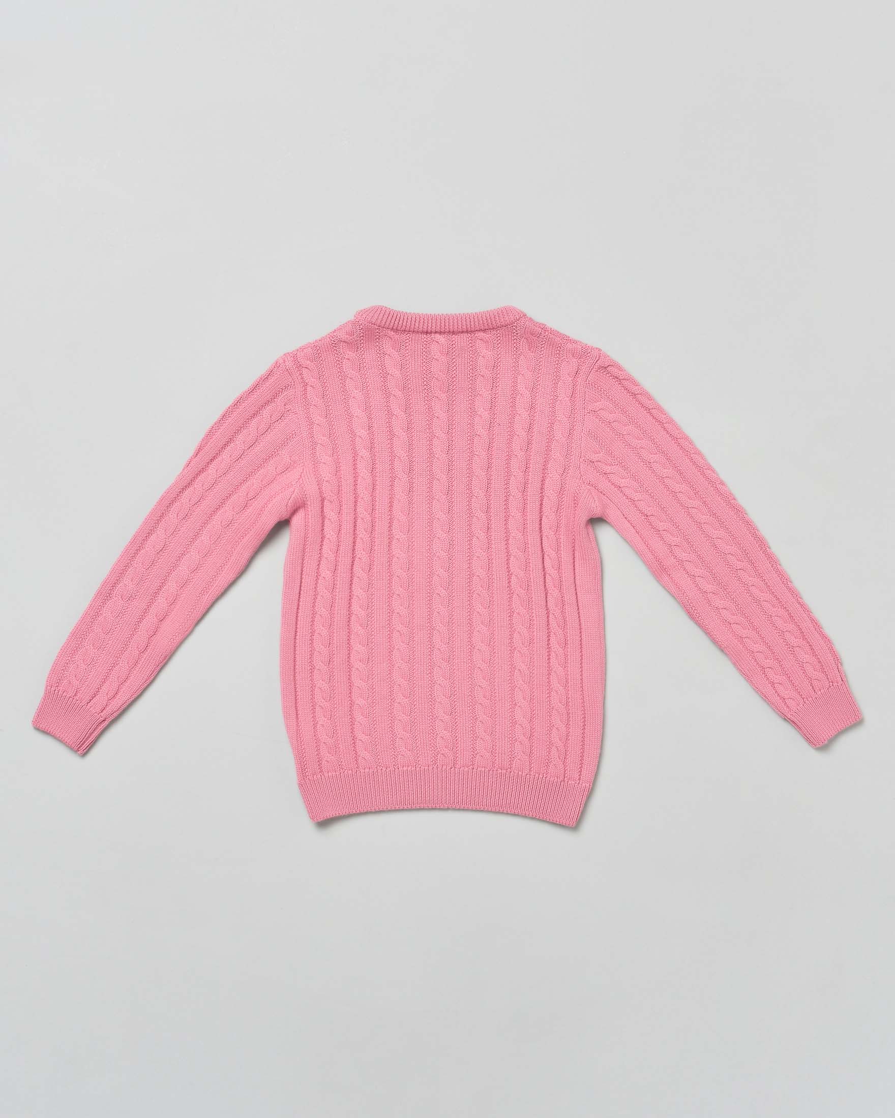 Maglia fucsia girocollo in pura lana merino con lavorazione a trecce