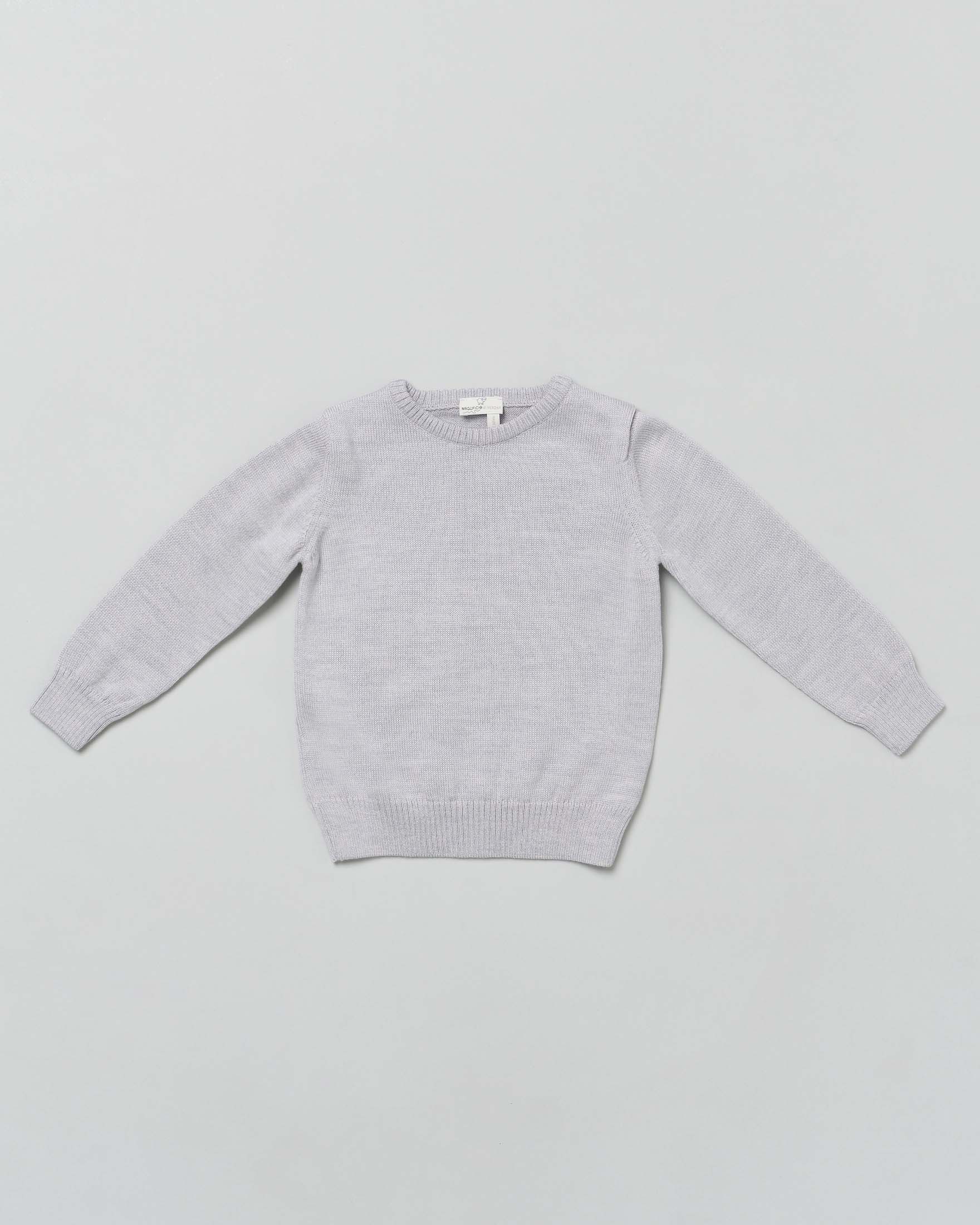 Maglioncino grigio girocollo in pura lana merino a costine