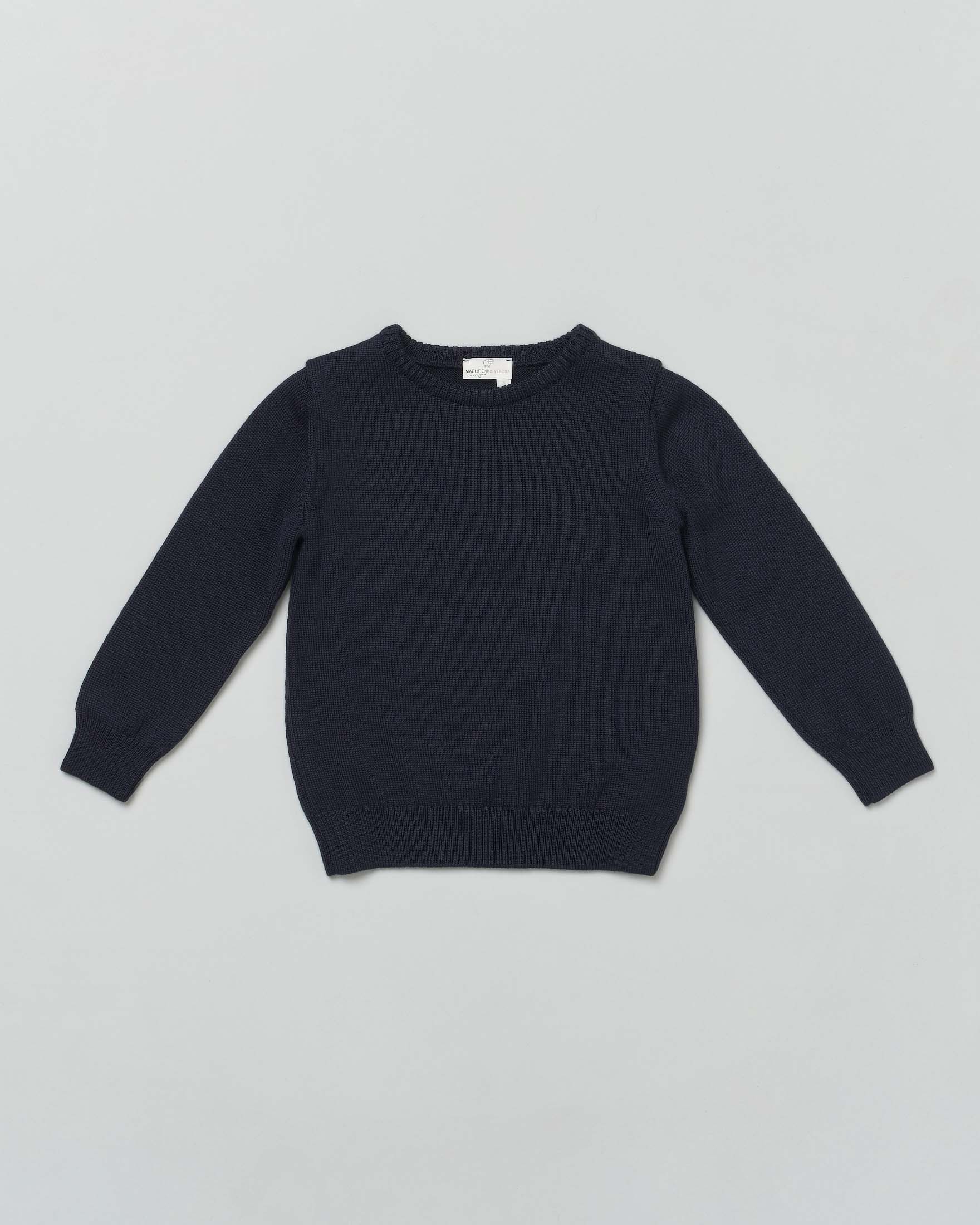 Maglioncino blu girocollo in pura lana merino a costine