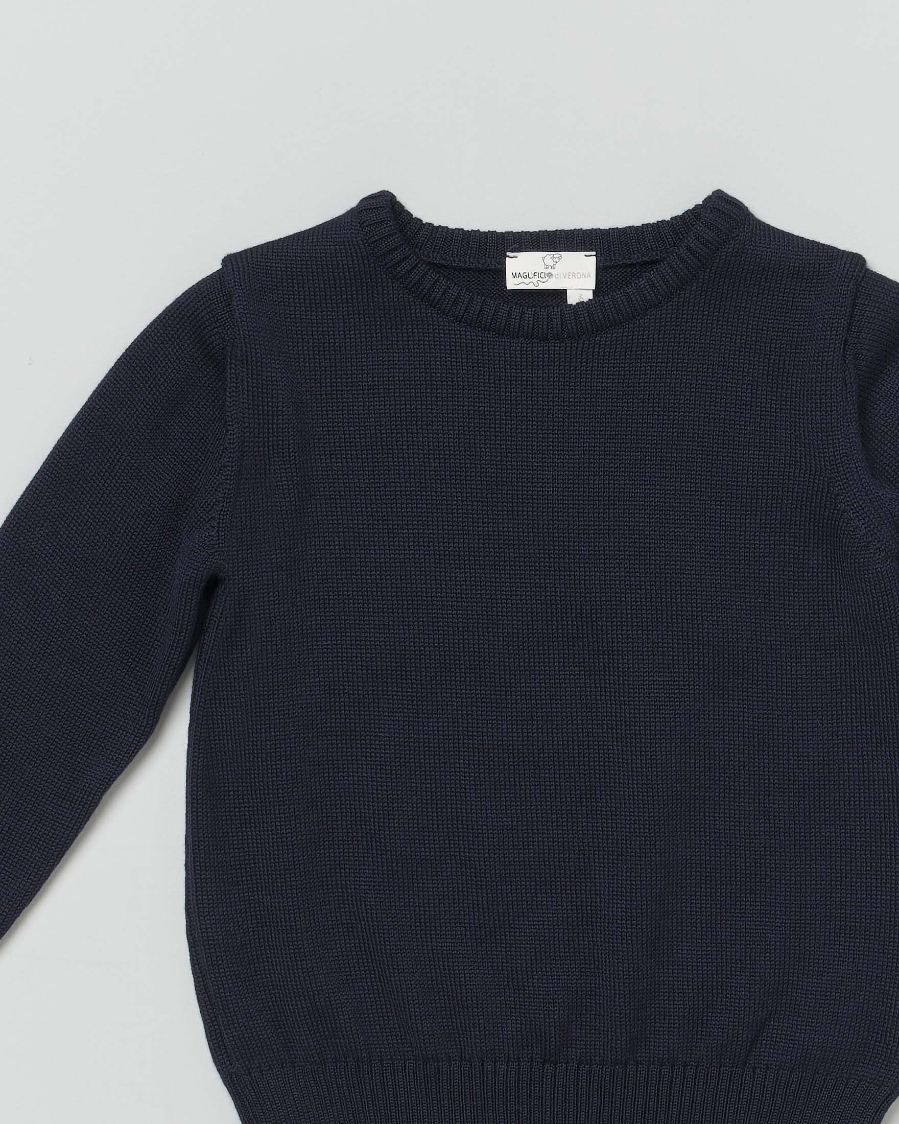 Maglioncino blu girocollo in pura lana merino a costine image