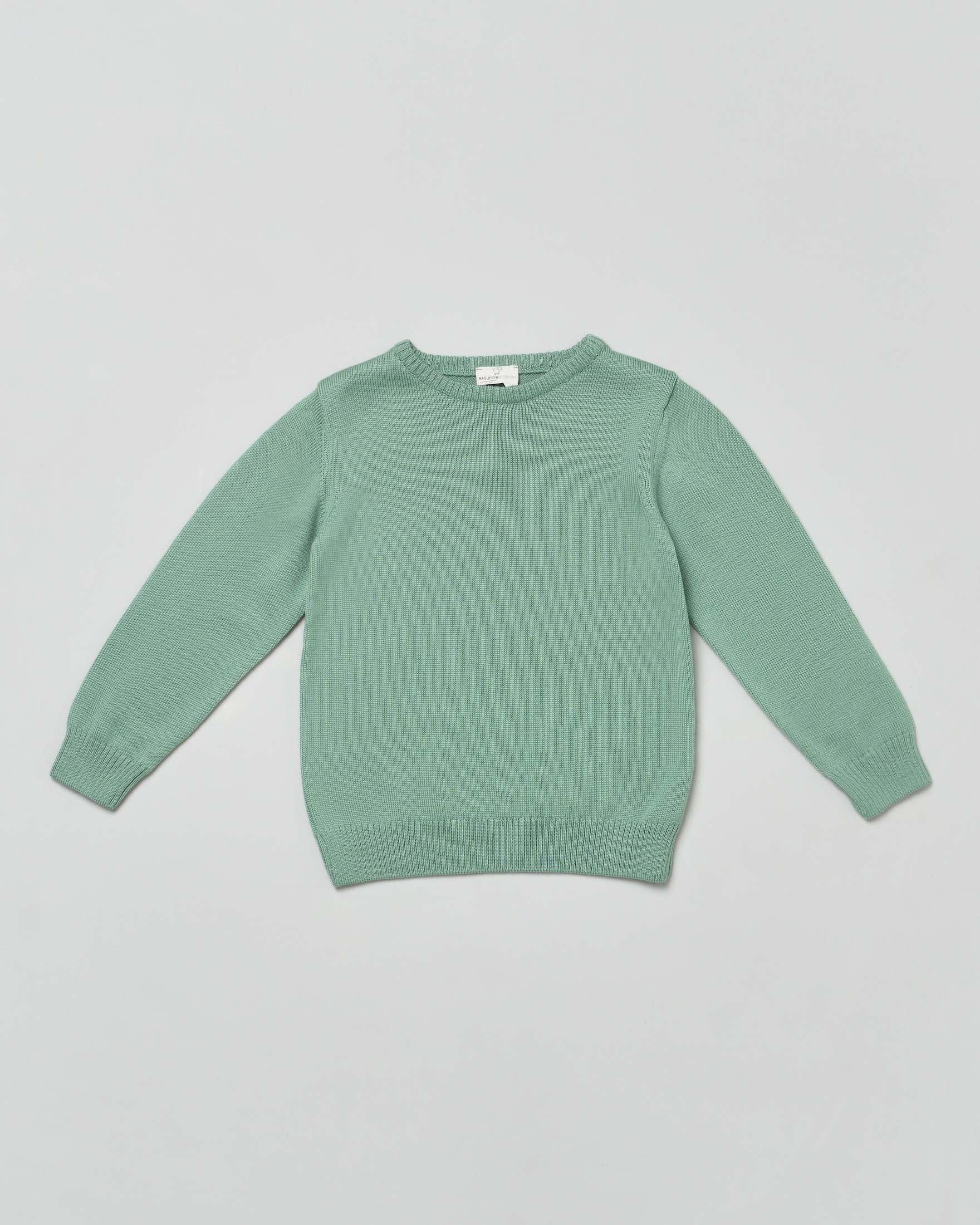 Maglioncino verde salvia girocollo in pura lana merino a costine