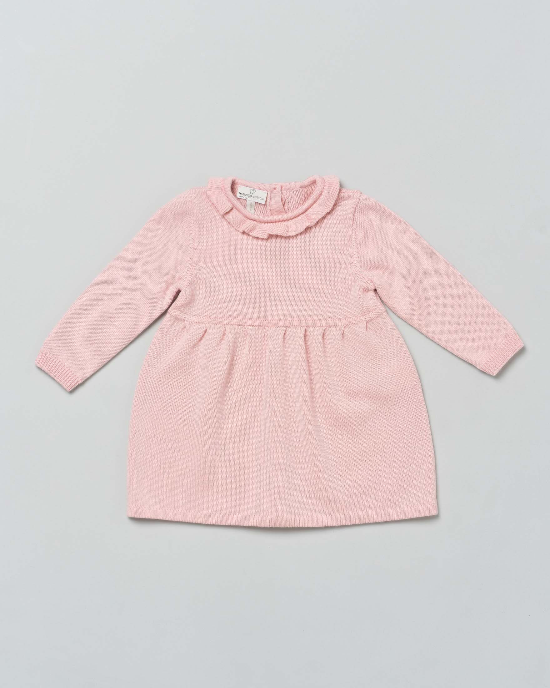 Abito girocollo rosa in lana fit and flare a maniche lunghe