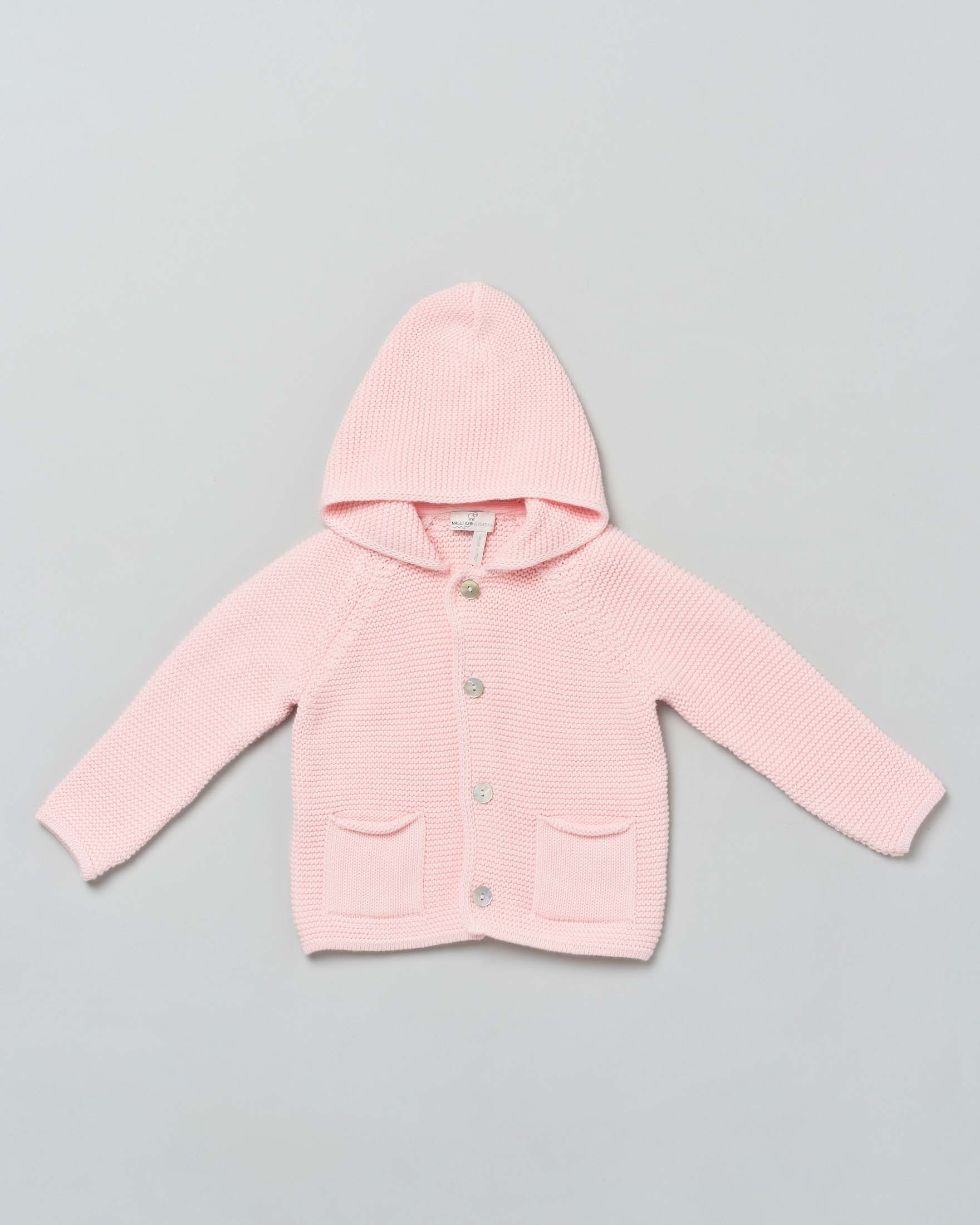 Cardigan tricot rosa in puro cotone con cappuccio