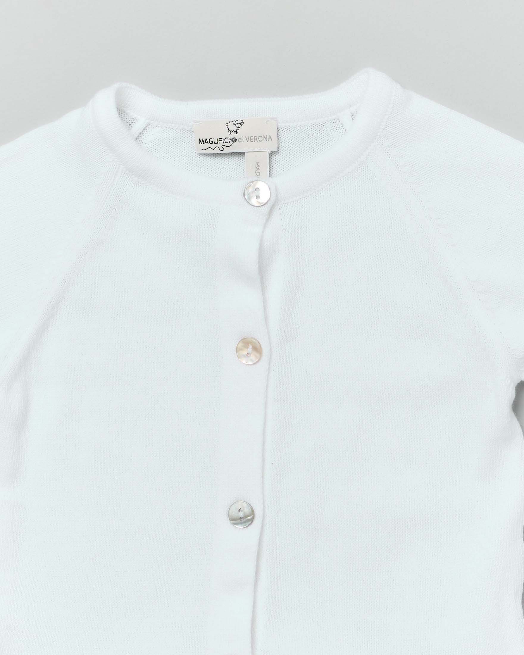 Cardigan bianco girocollo in puro cotone con balza e volant sulle maniche image