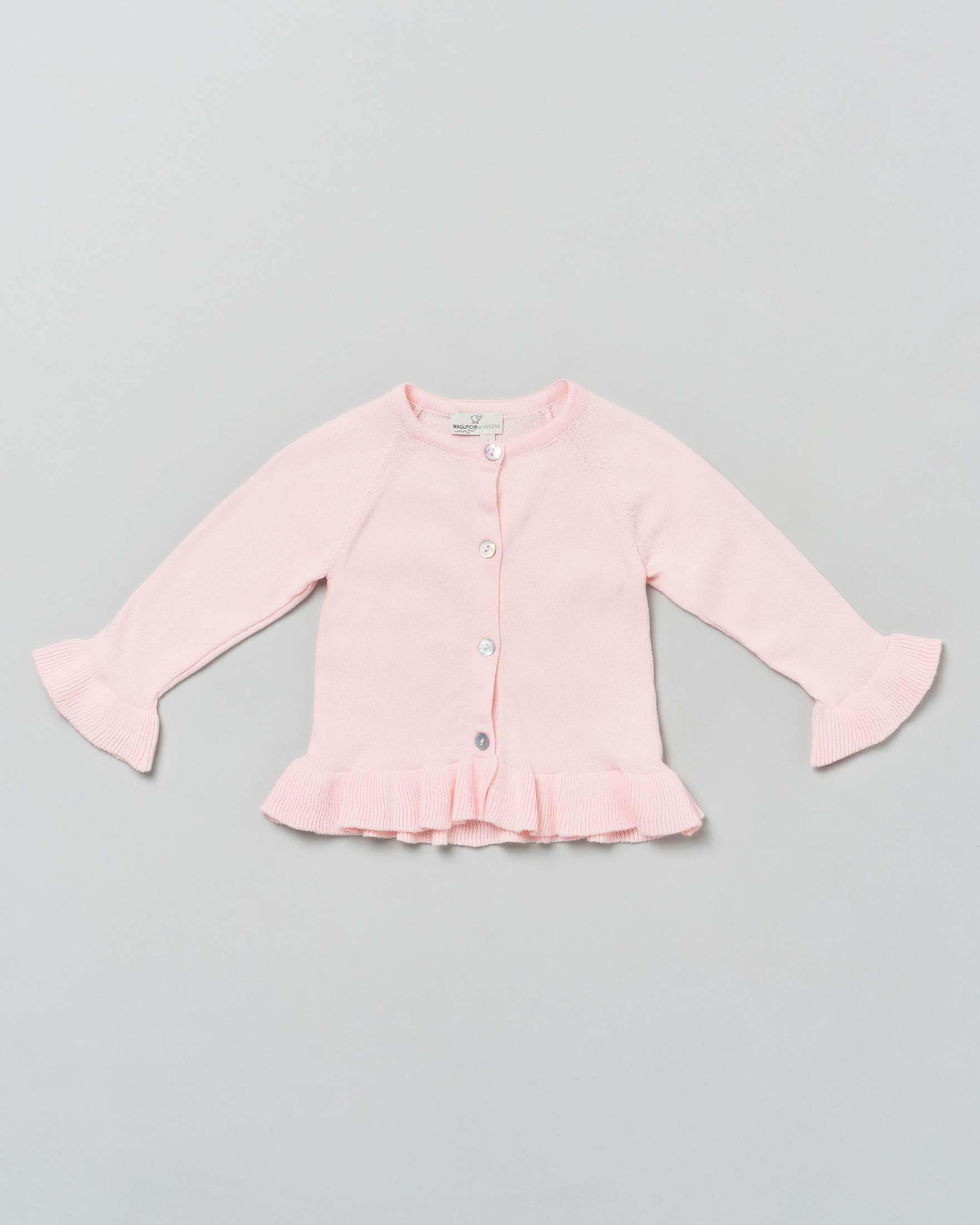 Cardigan rosa girocollo in puro cotone con balza e volant sulle maniche