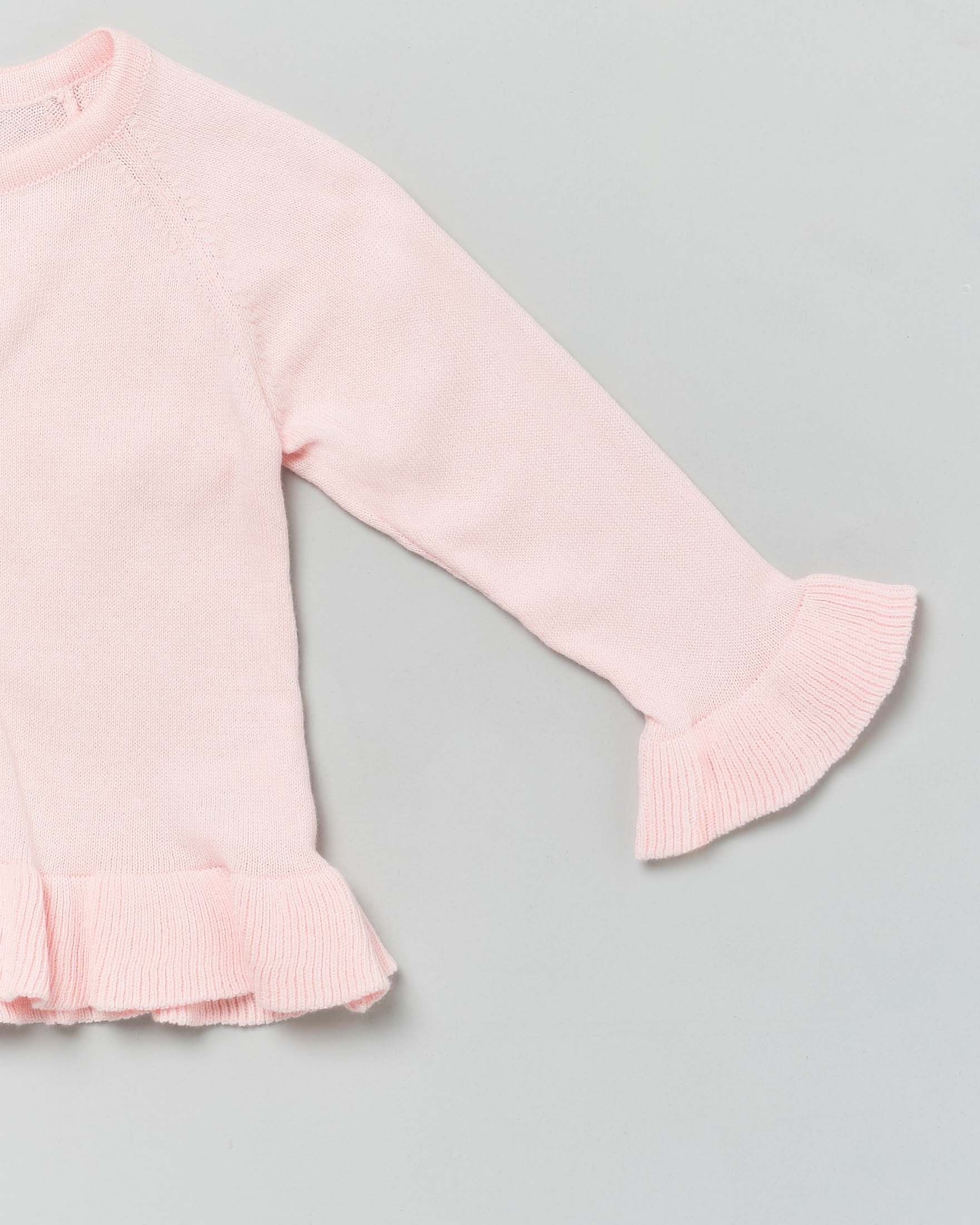 Cardigan rosa girocollo in puro cotone con balza e volant sulle maniche image