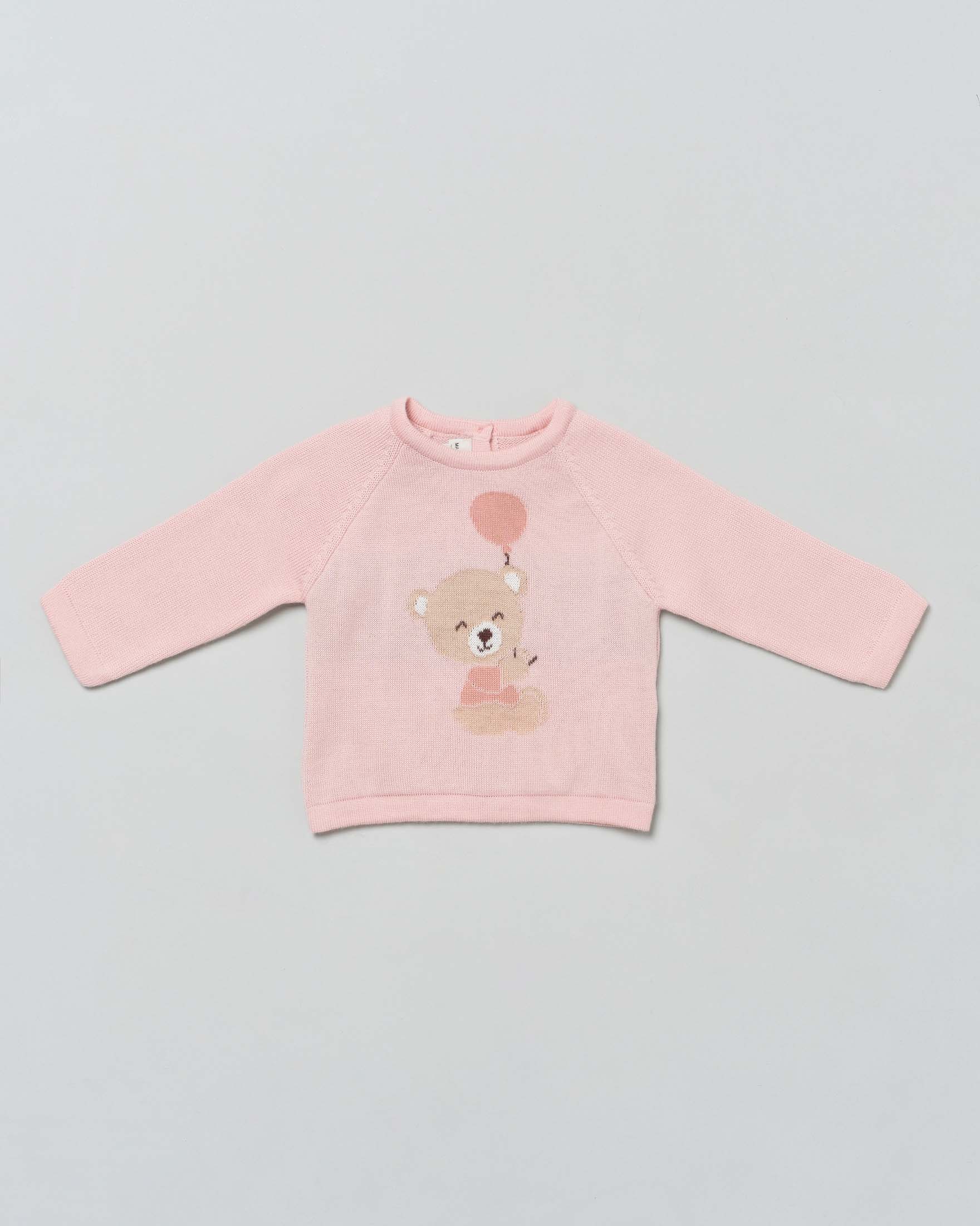 Maglioncino rosa girocollo in pura lana con orsetto jacquard