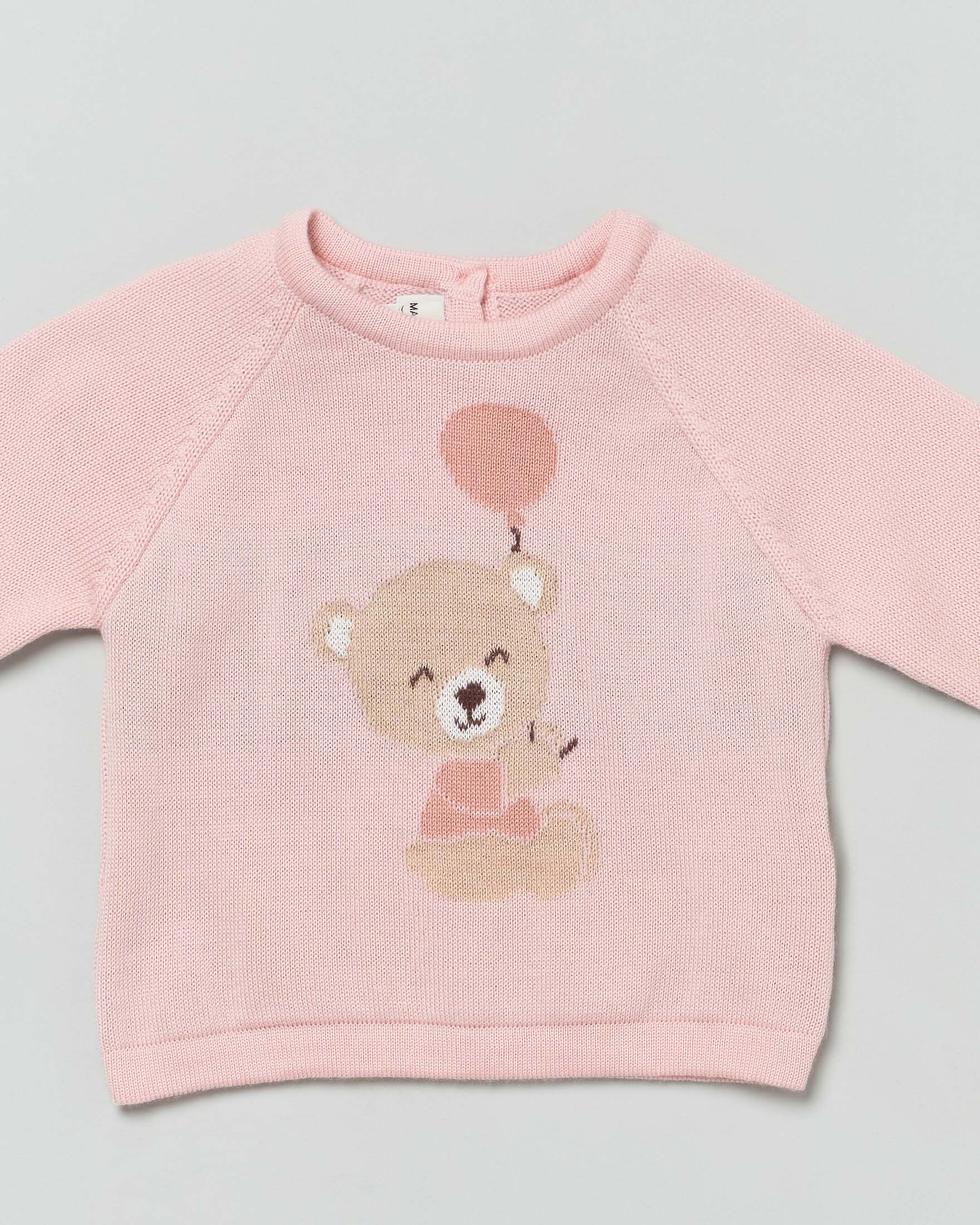 Maglioncino rosa girocollo in pura lana con orsetto jacquard image