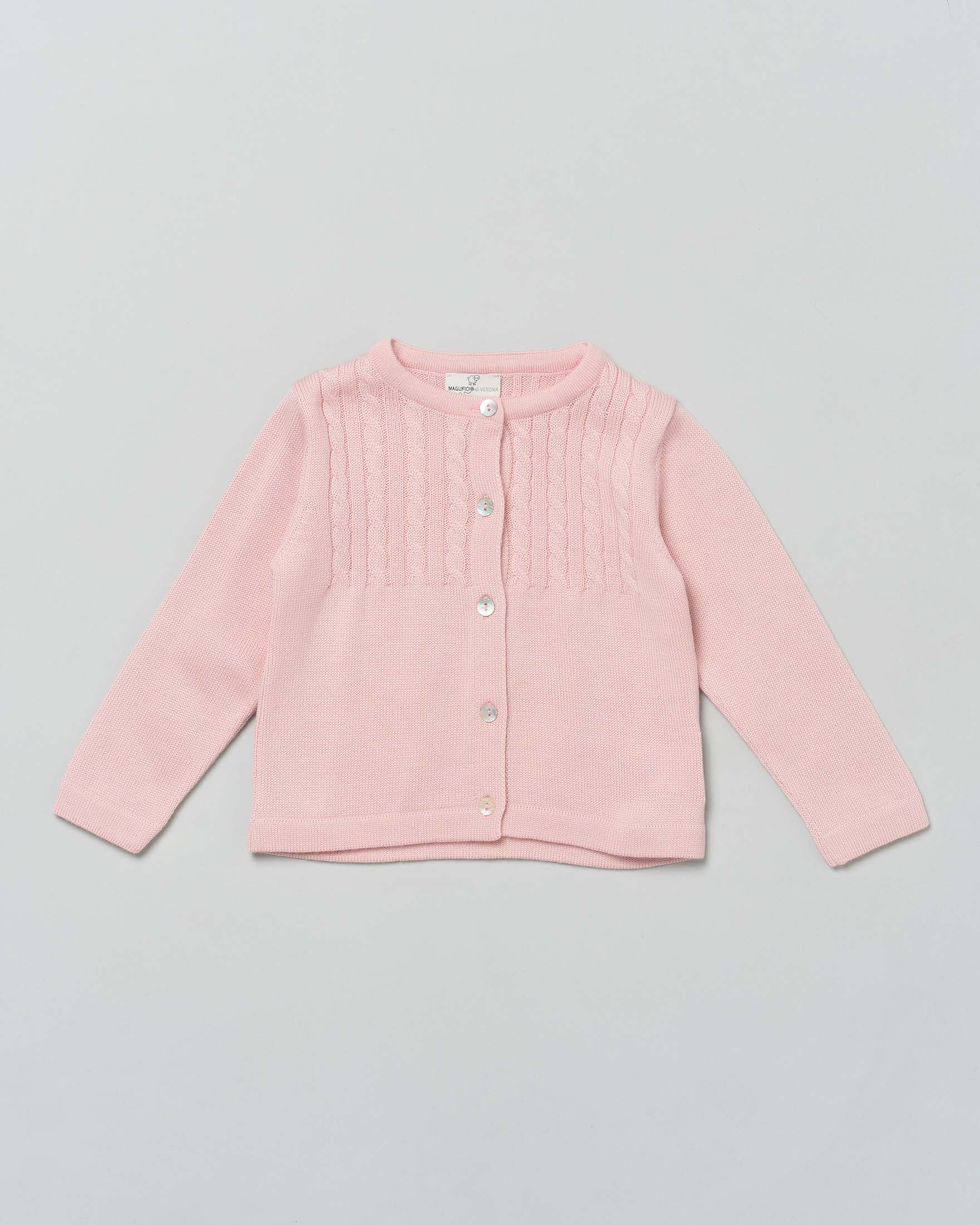 Cardigan rosa in pura lana con inserto fronte e retro a trecce